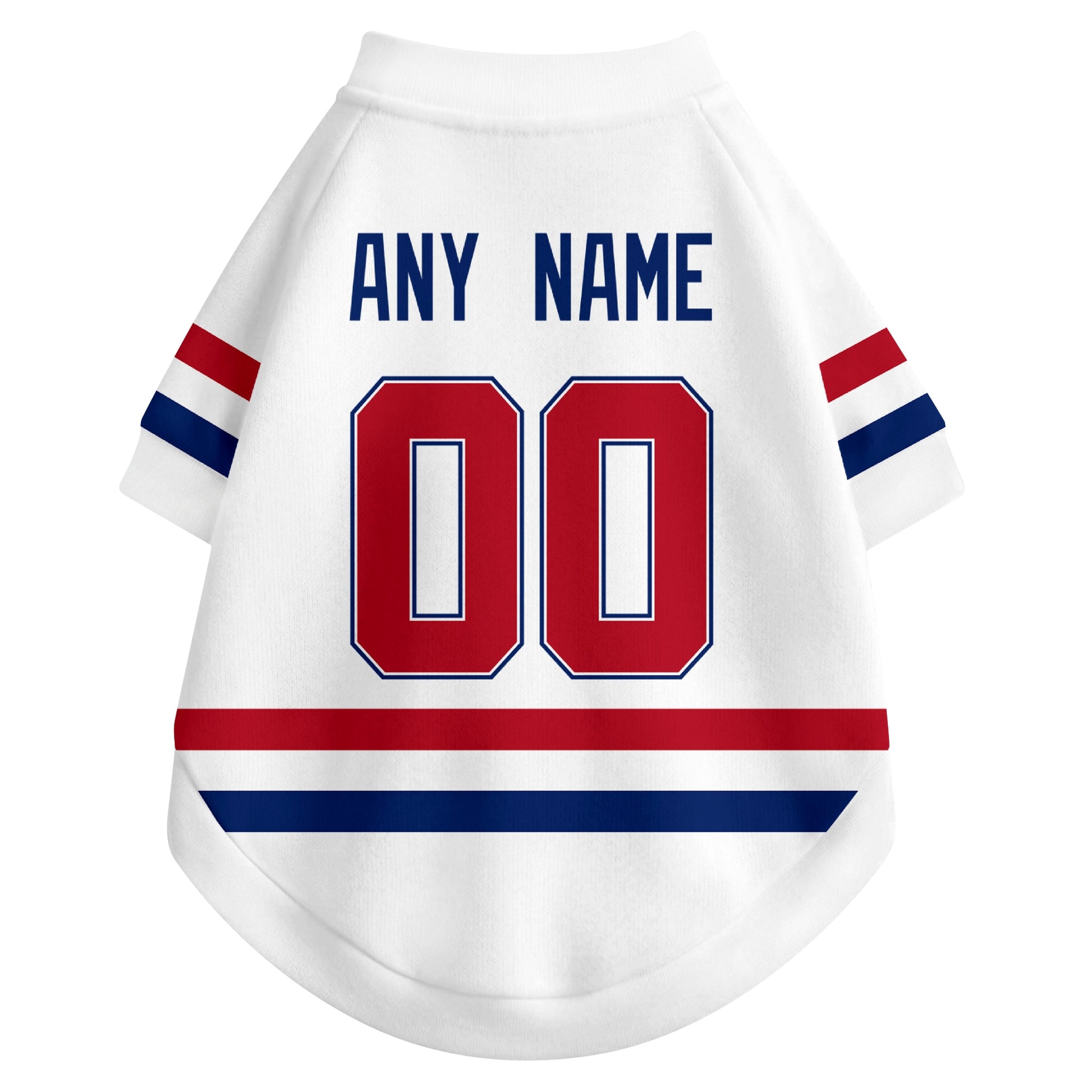 Back view of custom hockey-style dog jersey in White and Red colors with personalized name and number