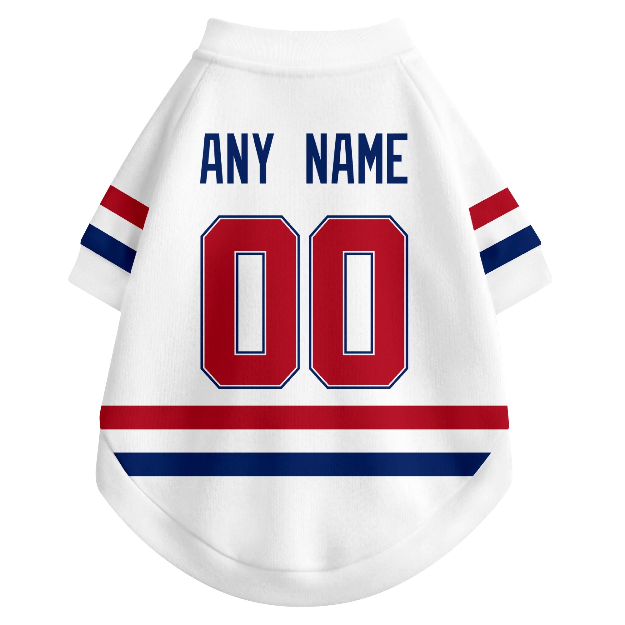 Back view of custom hockey-style dog jersey in White and Red colors with personalized name and number