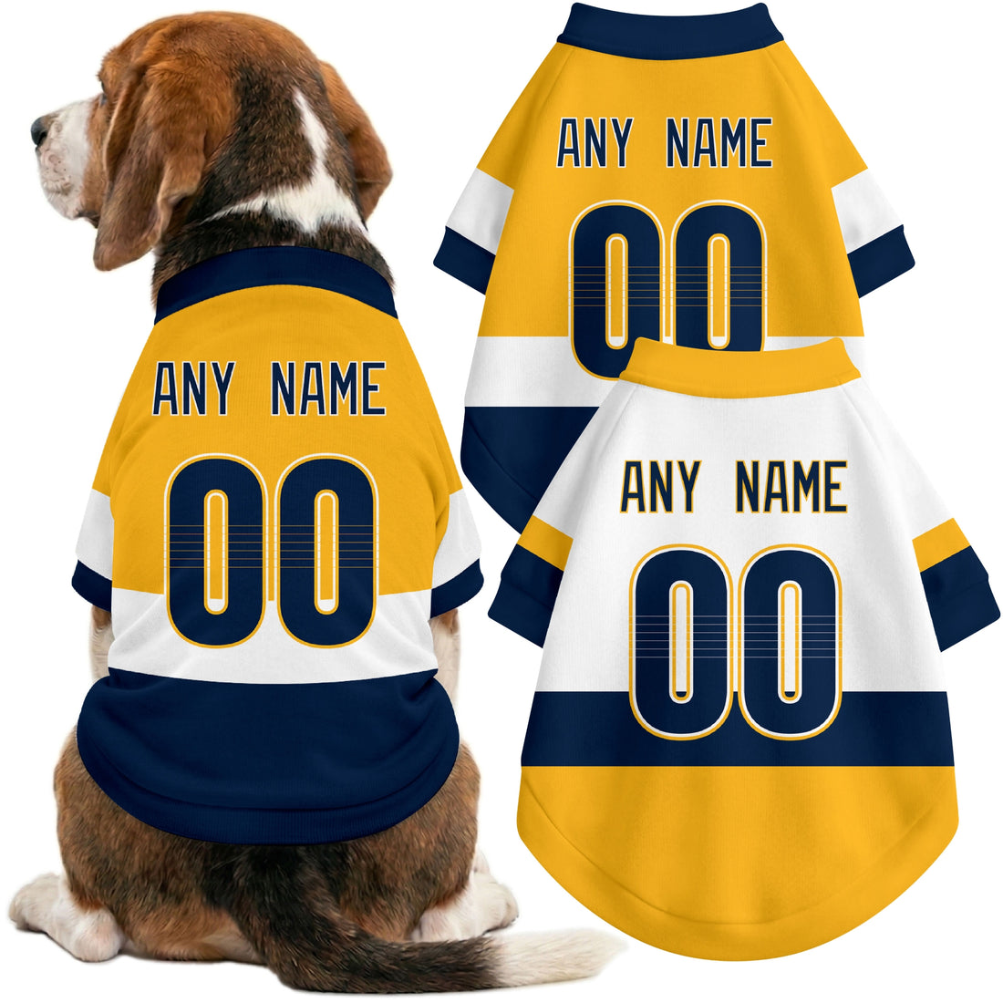 Dog wearing custom hockey-style jersey in Gold and White colors with personalized name and number