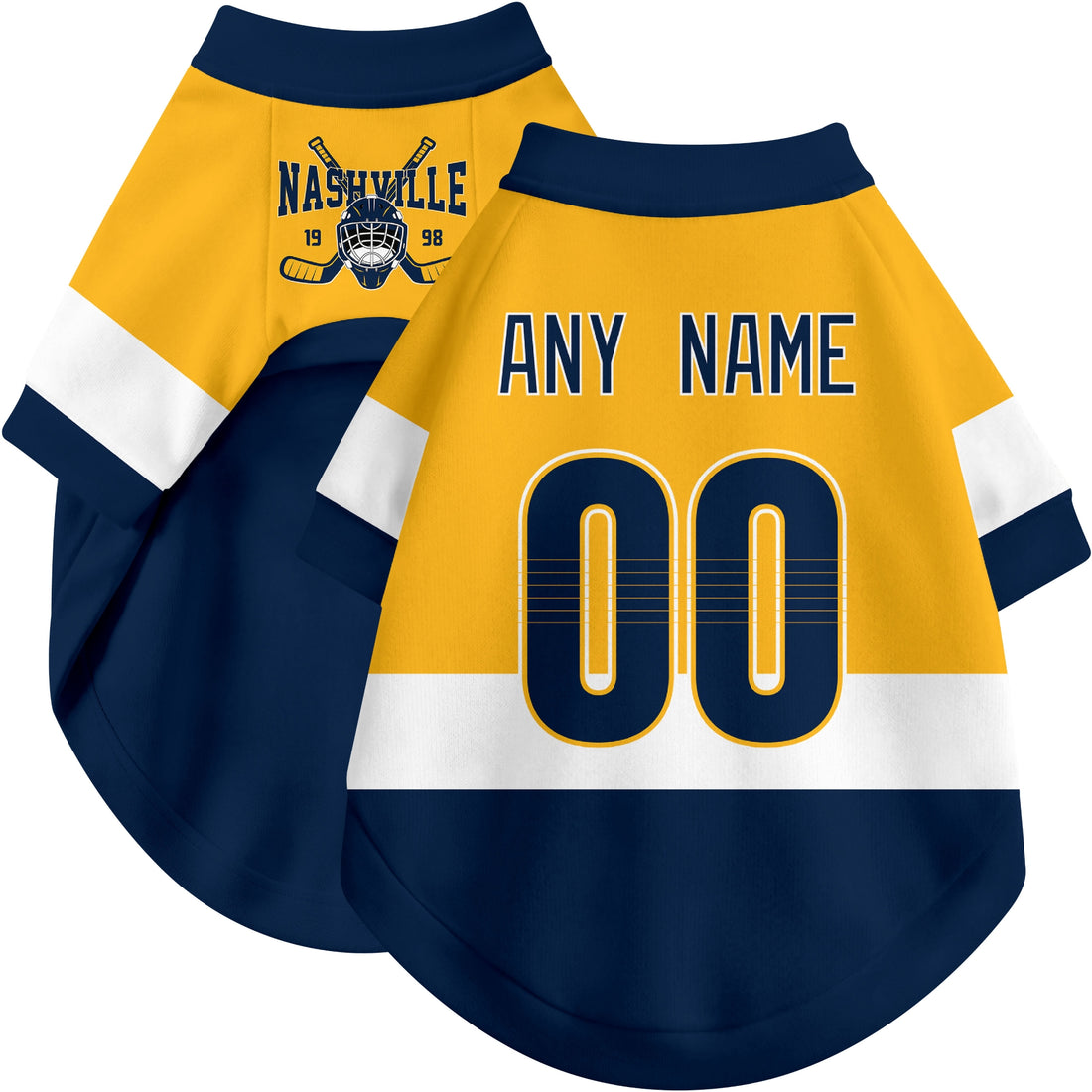 Dog wearing custom hockey-style jersey in Gold and White colors with personalized name and number