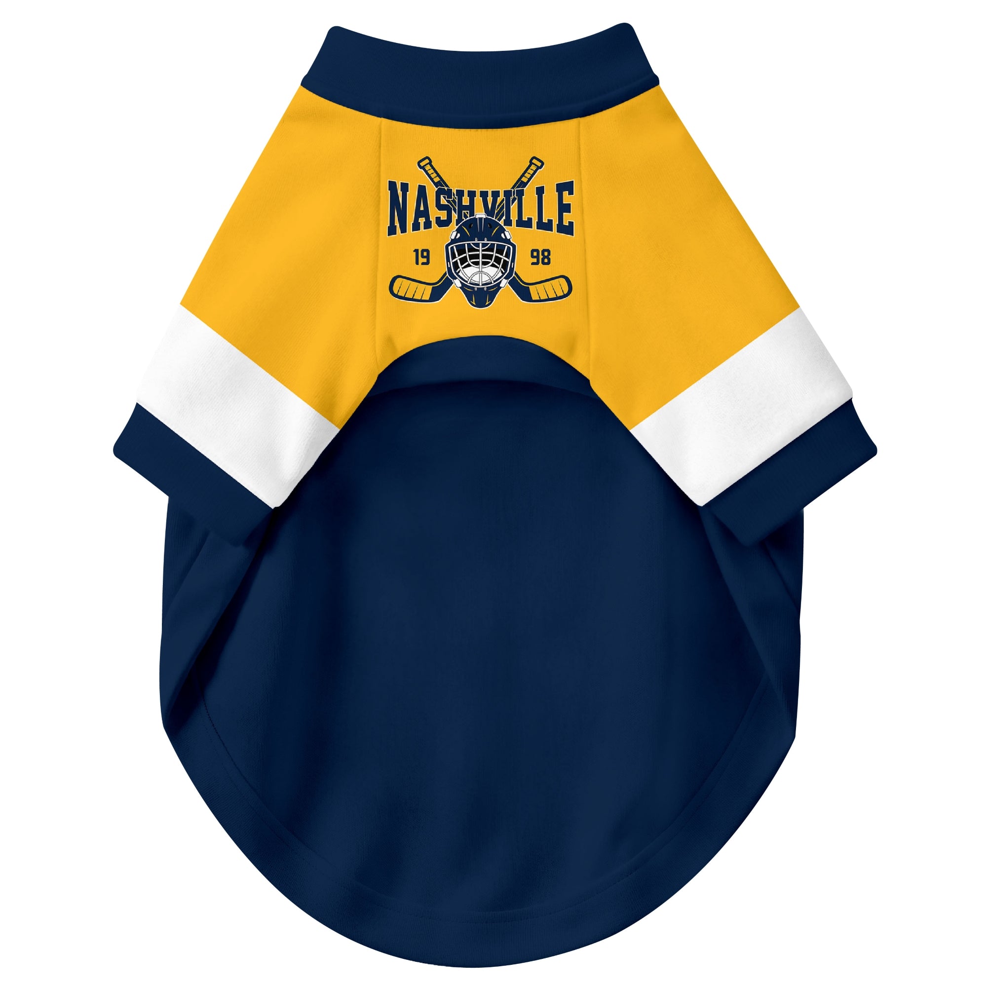 Front view of custom hockey-style dog jersey in Gold and White colors