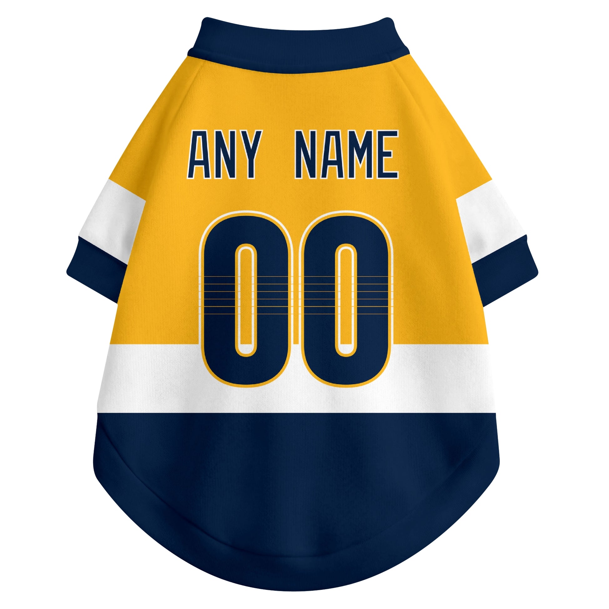 Back view of custom hockey-style dog jersey in Gold and White colors with personalized name and number