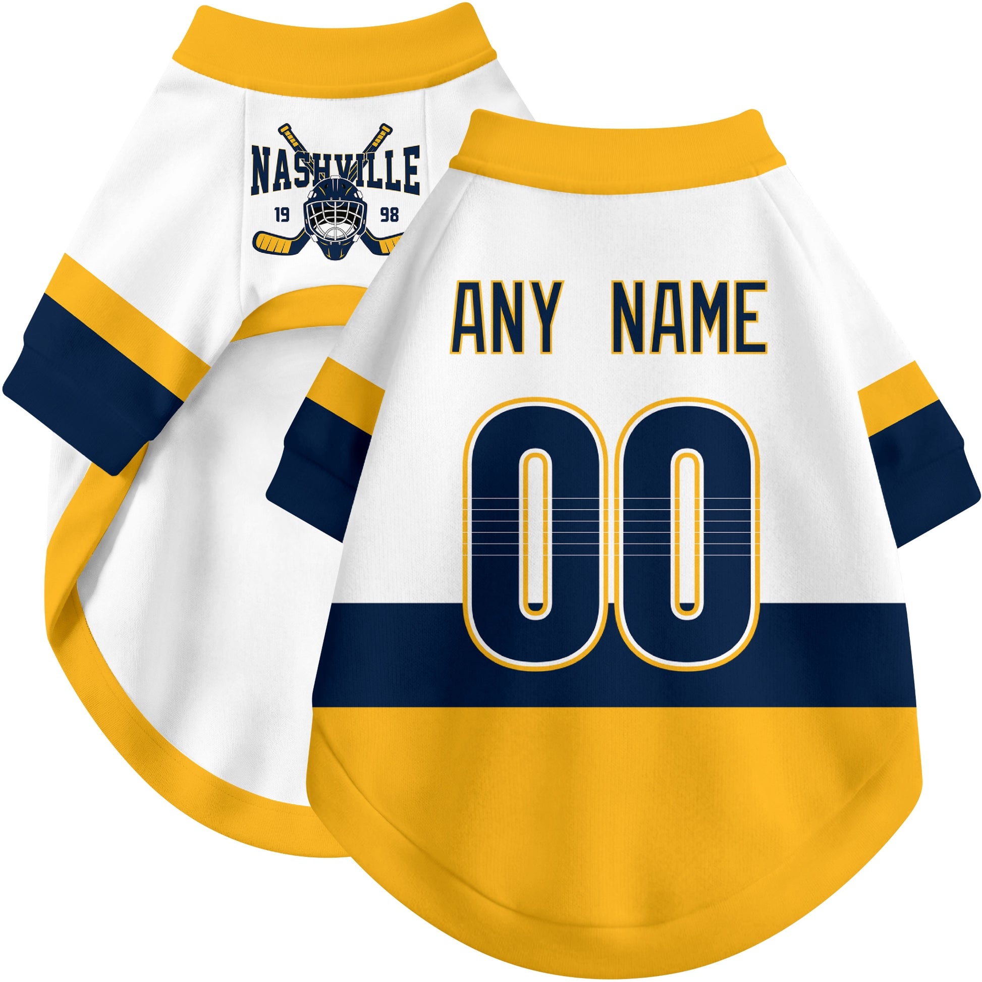 Custom hockey-style dog jersey color option 2 in White and Gold