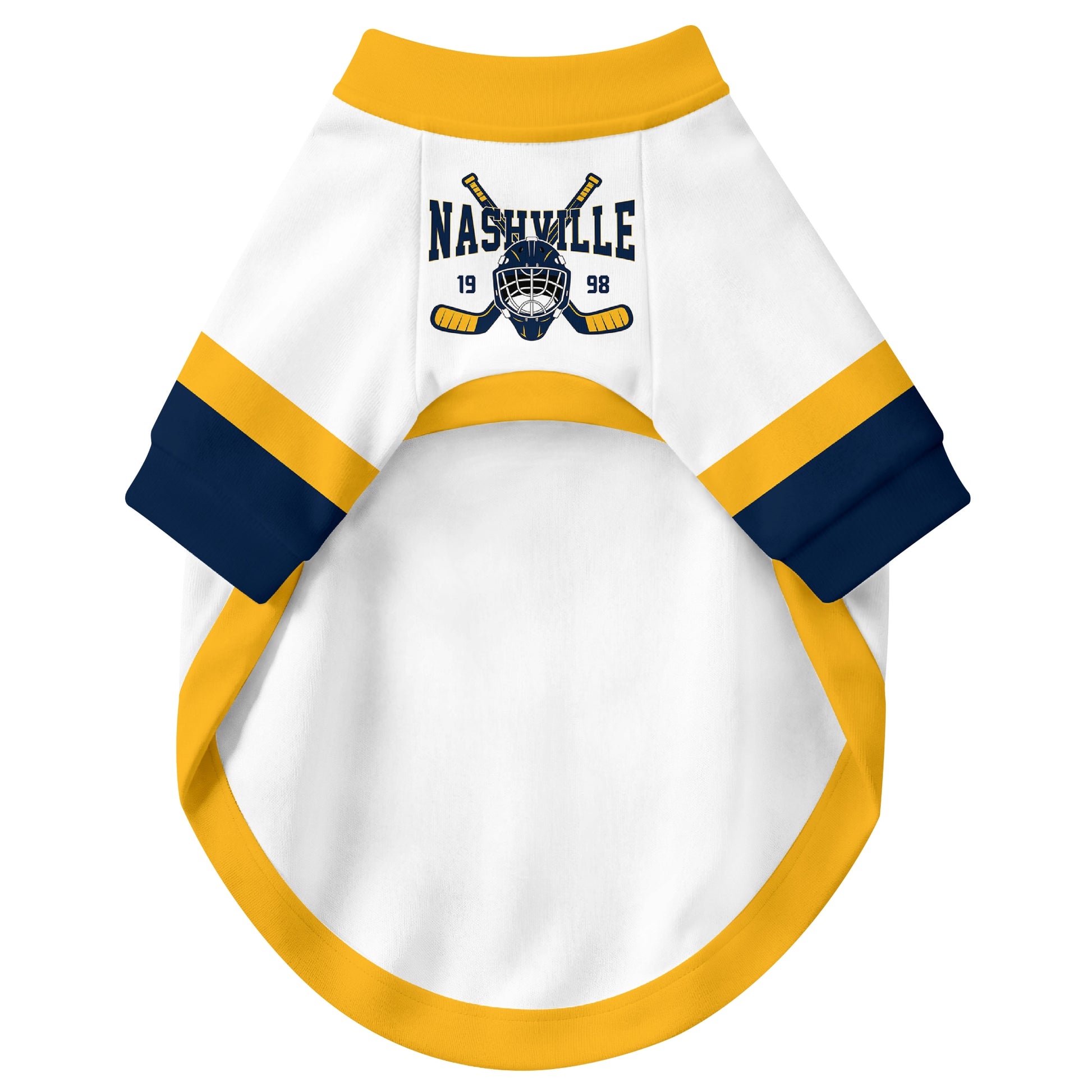 Front view of custom hockey-style dog jersey in White and Gold colors