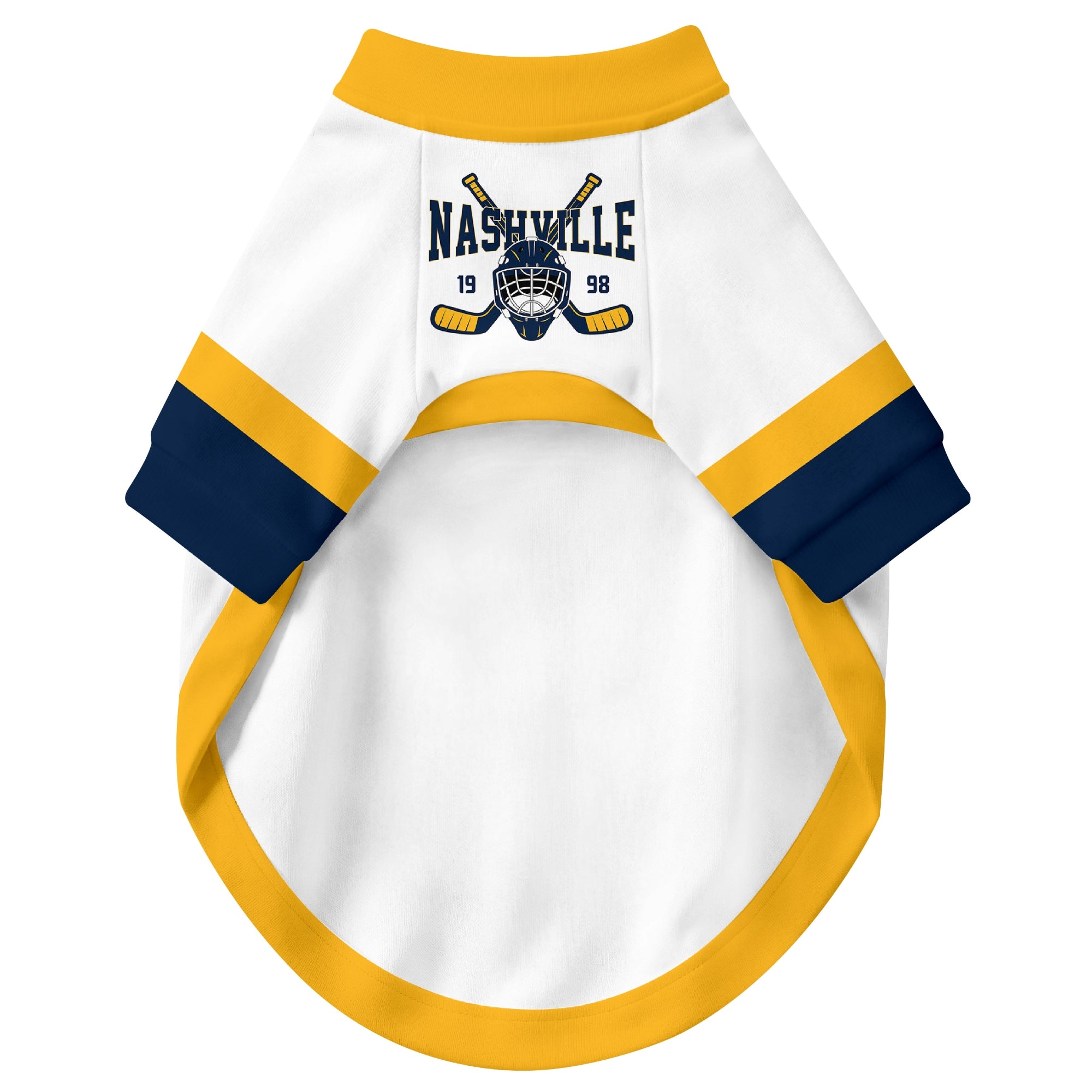 Front view of custom hockey-style dog jersey in White and Gold colors