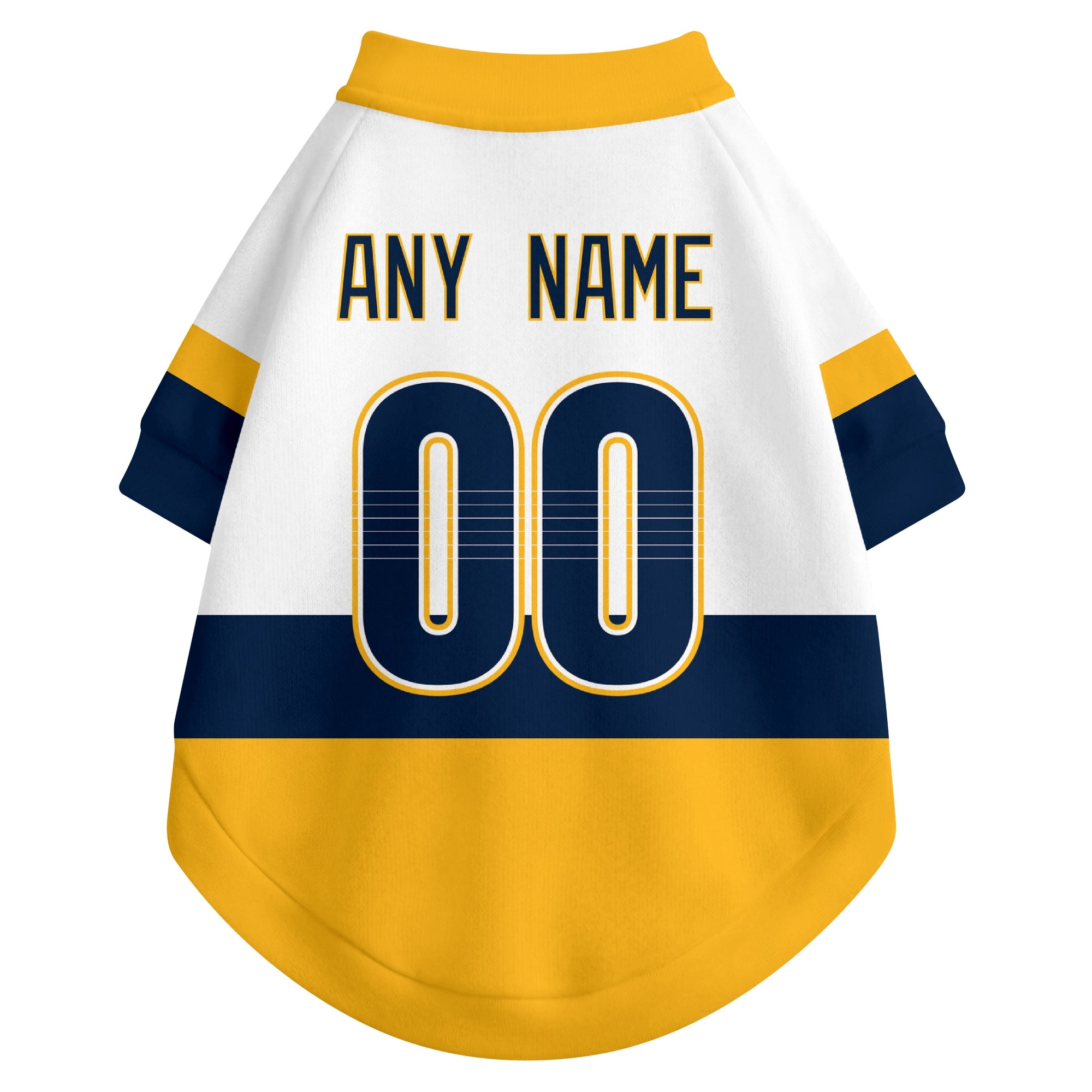 Back view of custom hockey-style dog jersey in White and Gold colors with personalized name and number