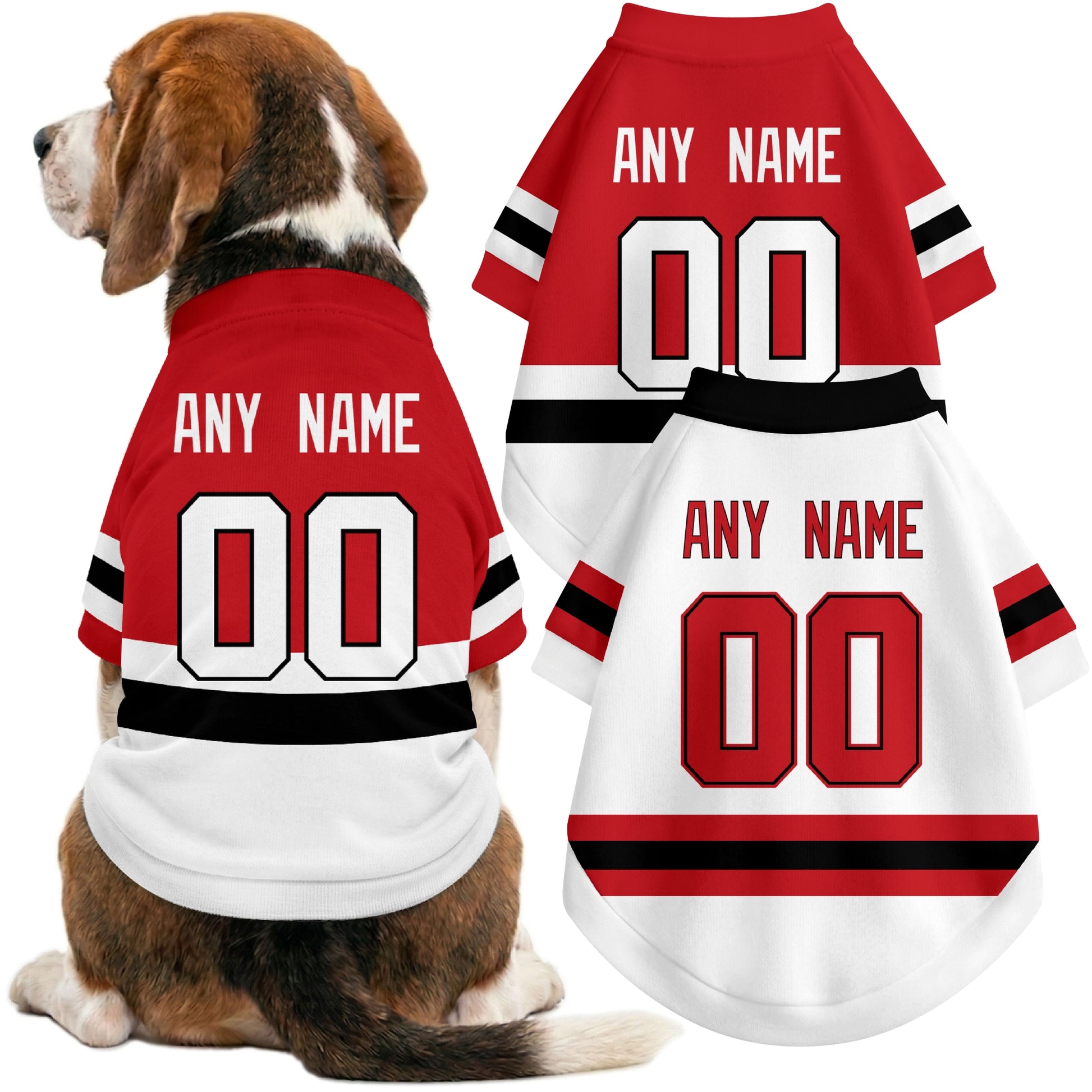 Dog wearing custom hockey-style jersey in Red and White colors with personalized name and number