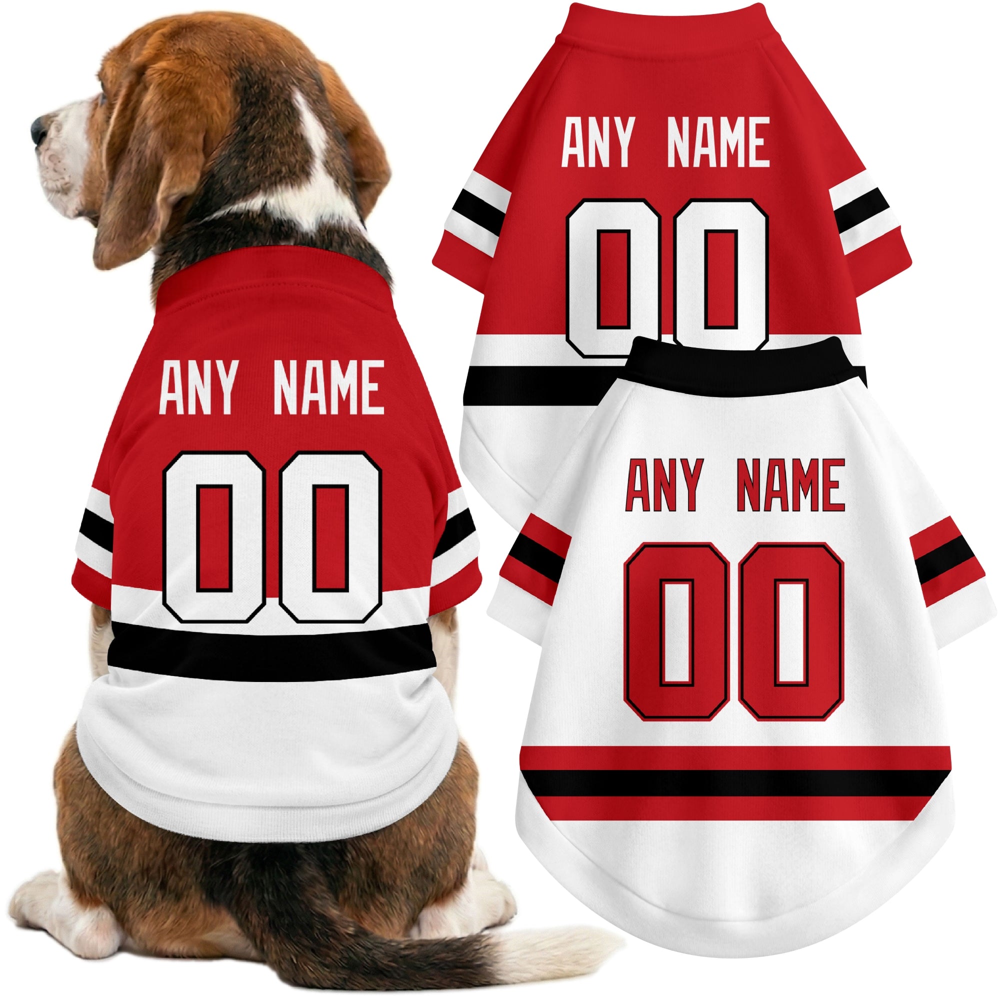 Dog wearing custom hockey-style jersey in Red and White colors with personalized name and number