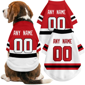 Dog wearing custom hockey-style jersey in Red and White colors with personalized name and number