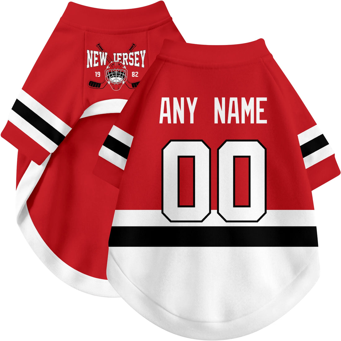Dog wearing custom hockey-style jersey in Red and White colors with personalized name and number