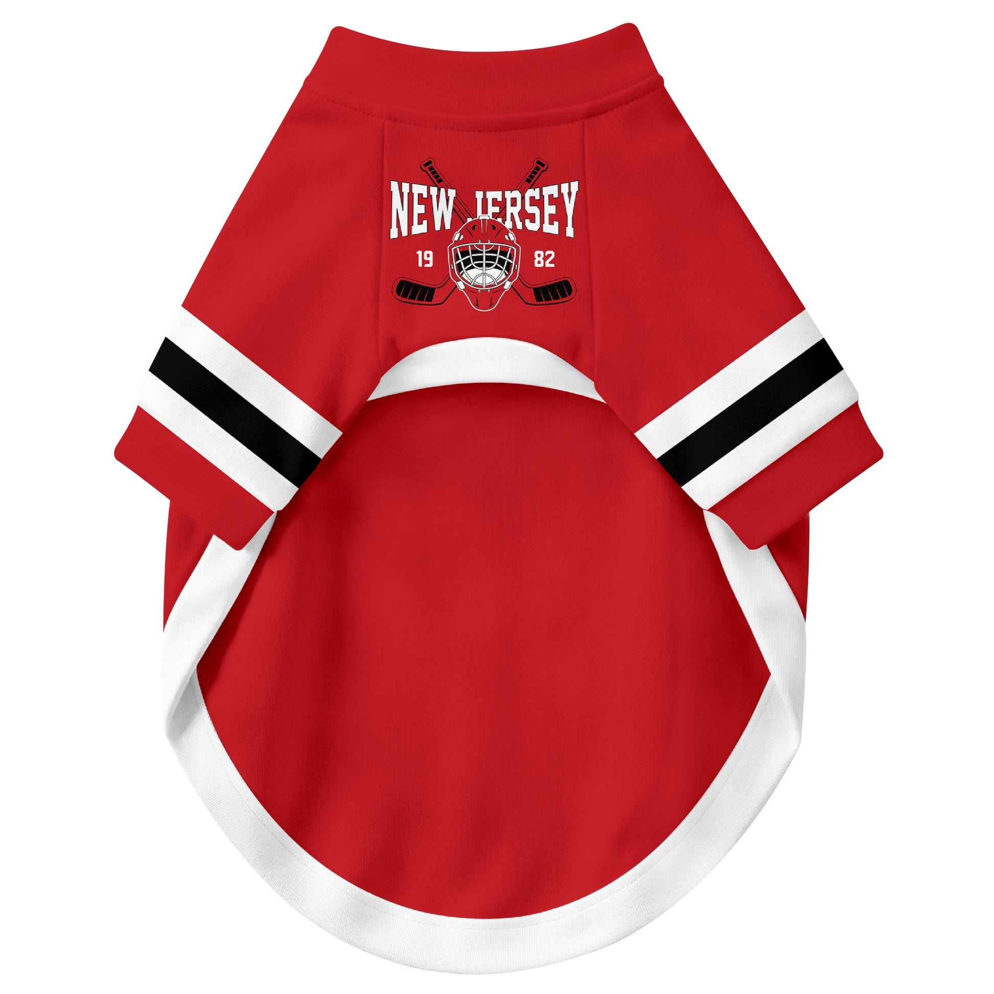 Front view of custom hockey-style dog jersey in Red and White colors