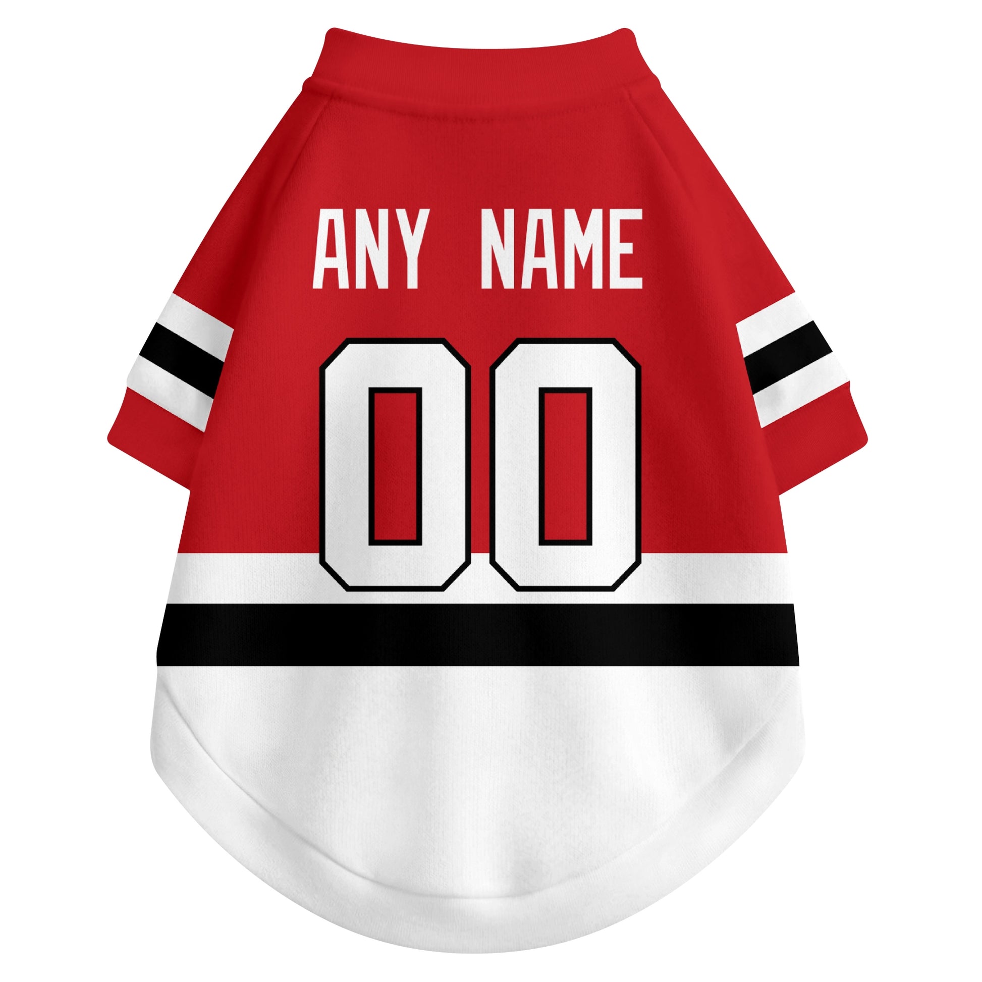 Back view of custom hockey-style dog jersey in Red and White colors with personalized name and number