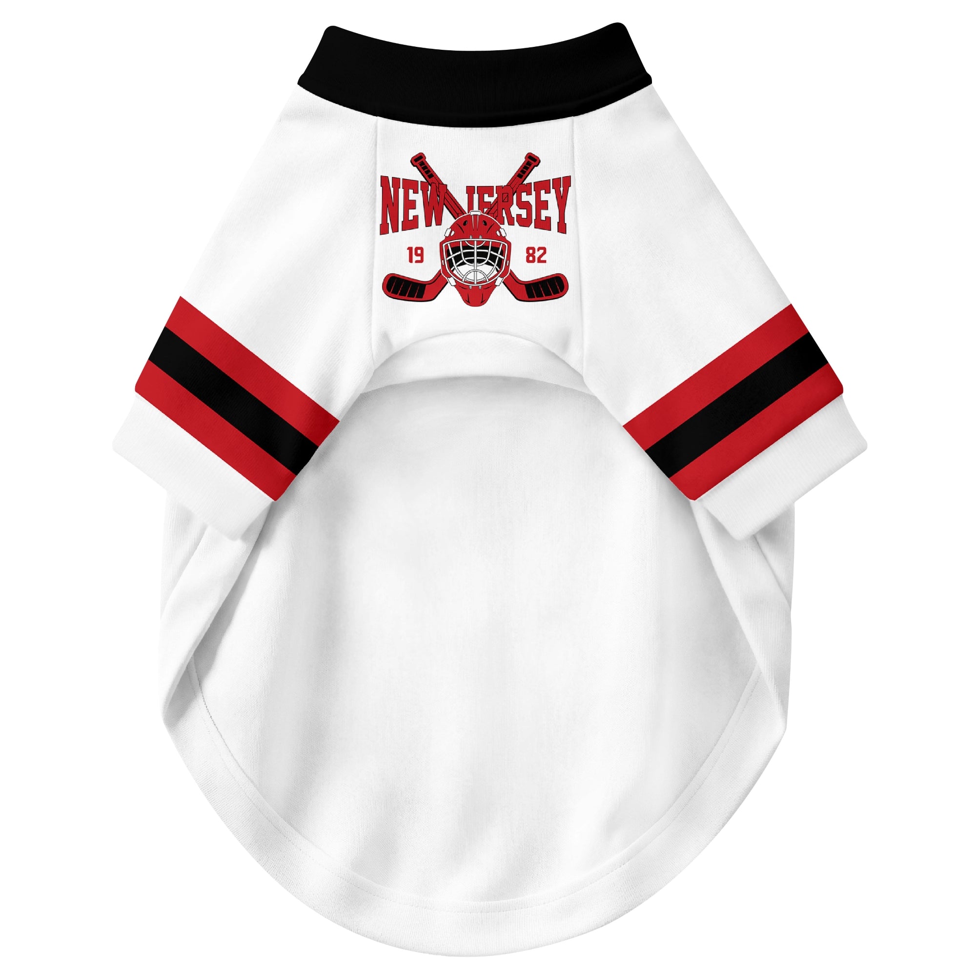 Front view of custom hockey-style dog jersey in White and Red colors