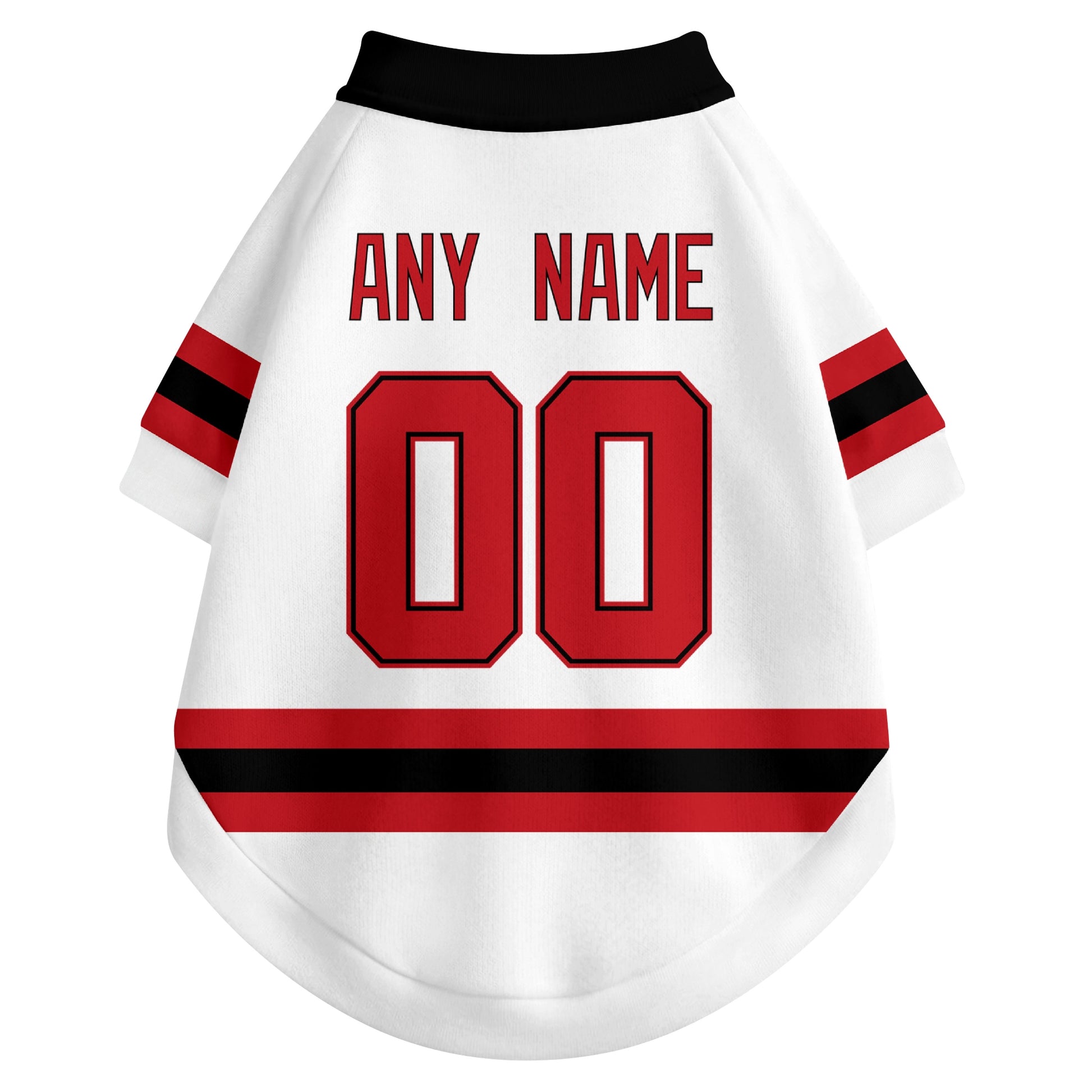 Back view of custom hockey-style dog jersey in White and Red colors with personalized name and number