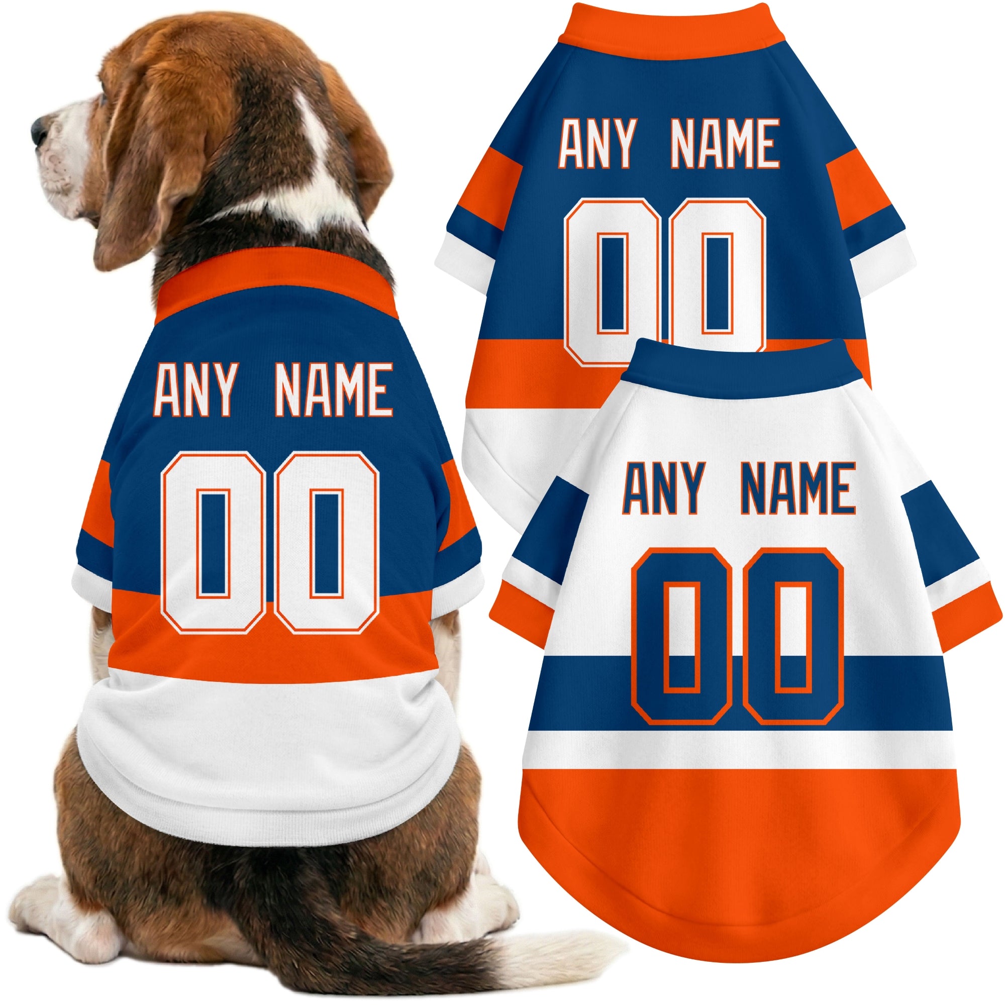 Dog wearing custom hockey-style jersey in Royal and White colors with personalized name and number