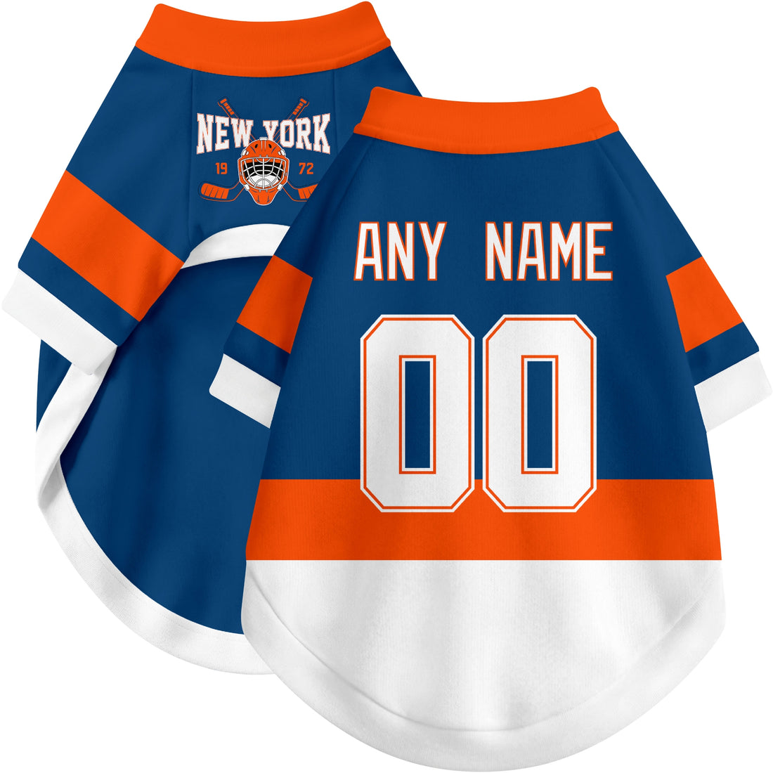Dog wearing custom hockey-style jersey in Royal and White colors with personalized name and number