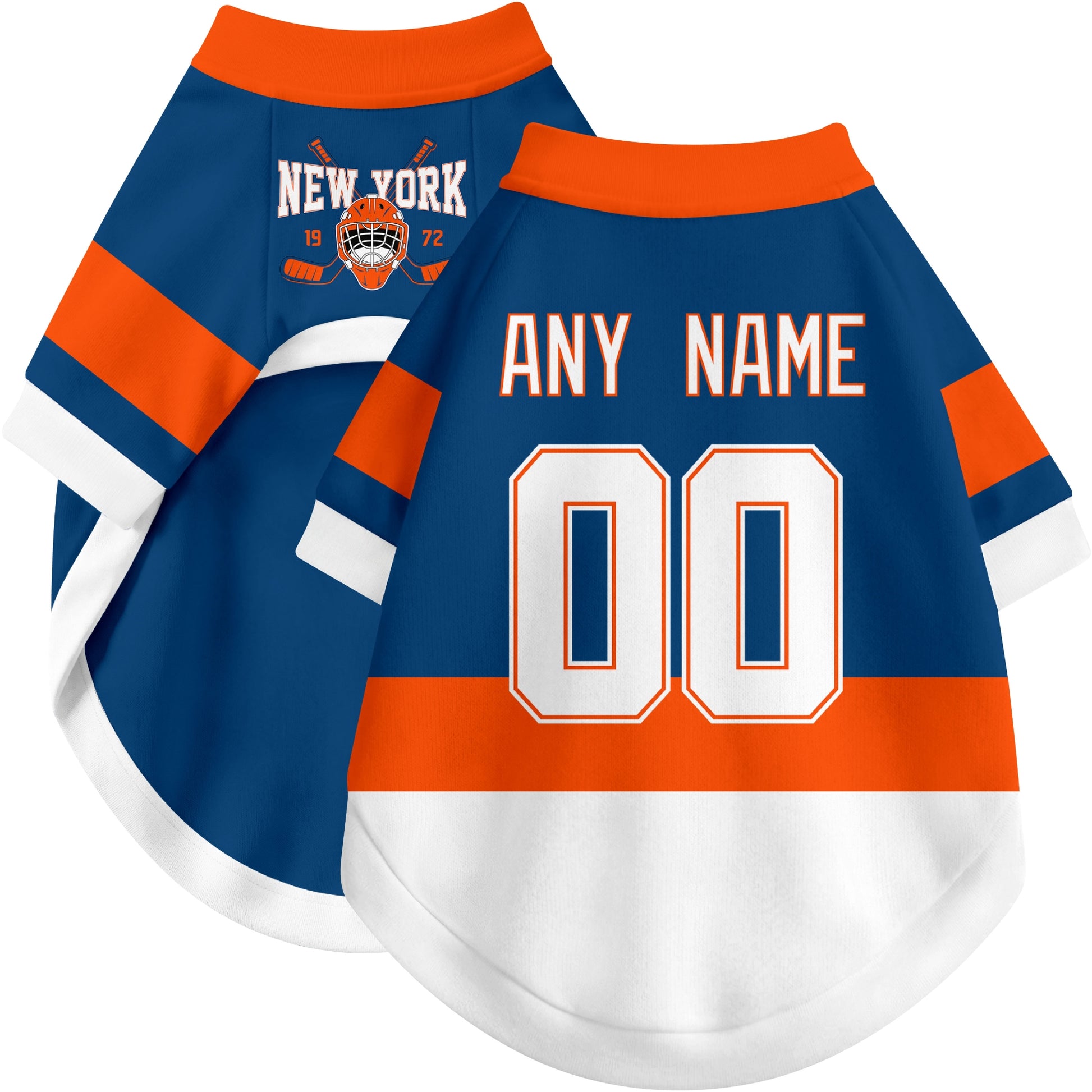 Custom hockey-style dog jersey color option 1 in Royal and White