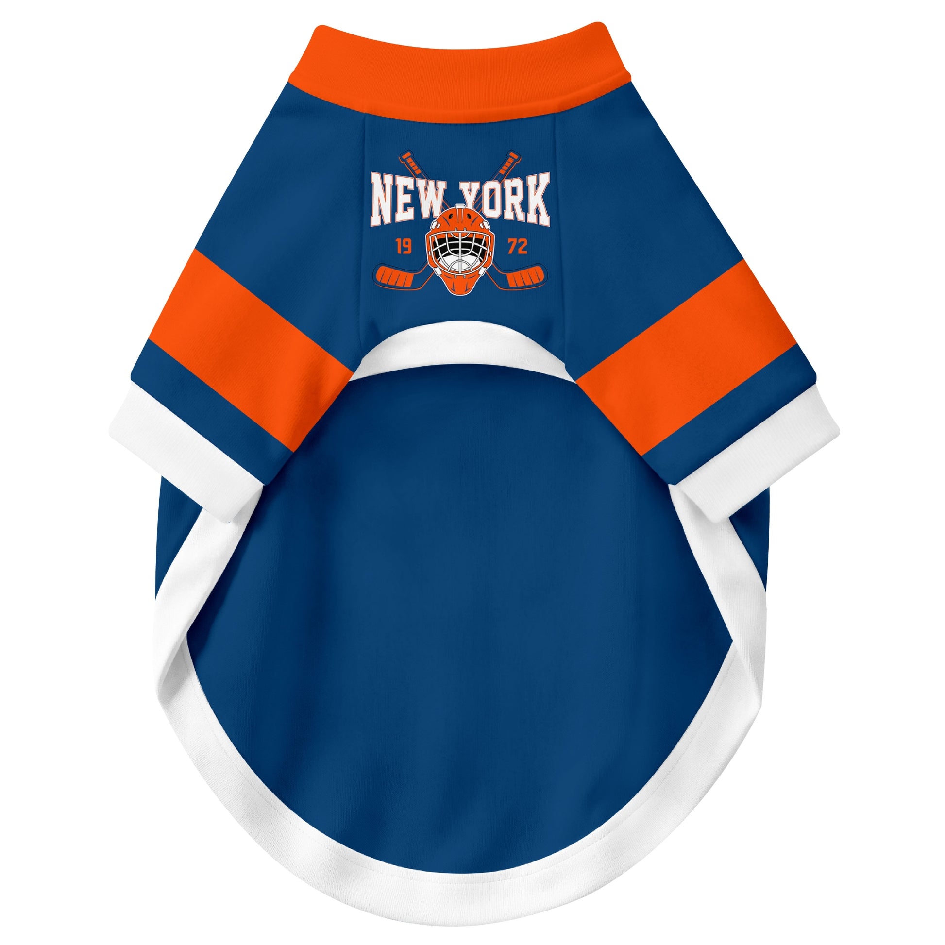 Front view of custom hockey-style dog jersey in Royal and White colors
