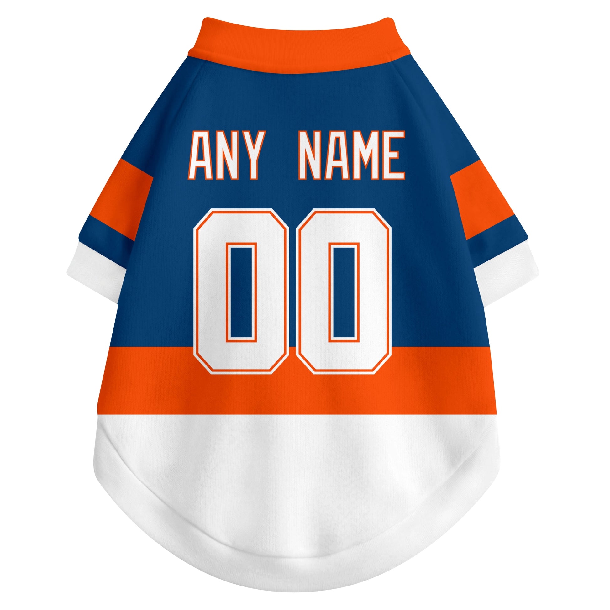 Back view of custom hockey-style dog jersey in Royal and White colors with personalized name and number