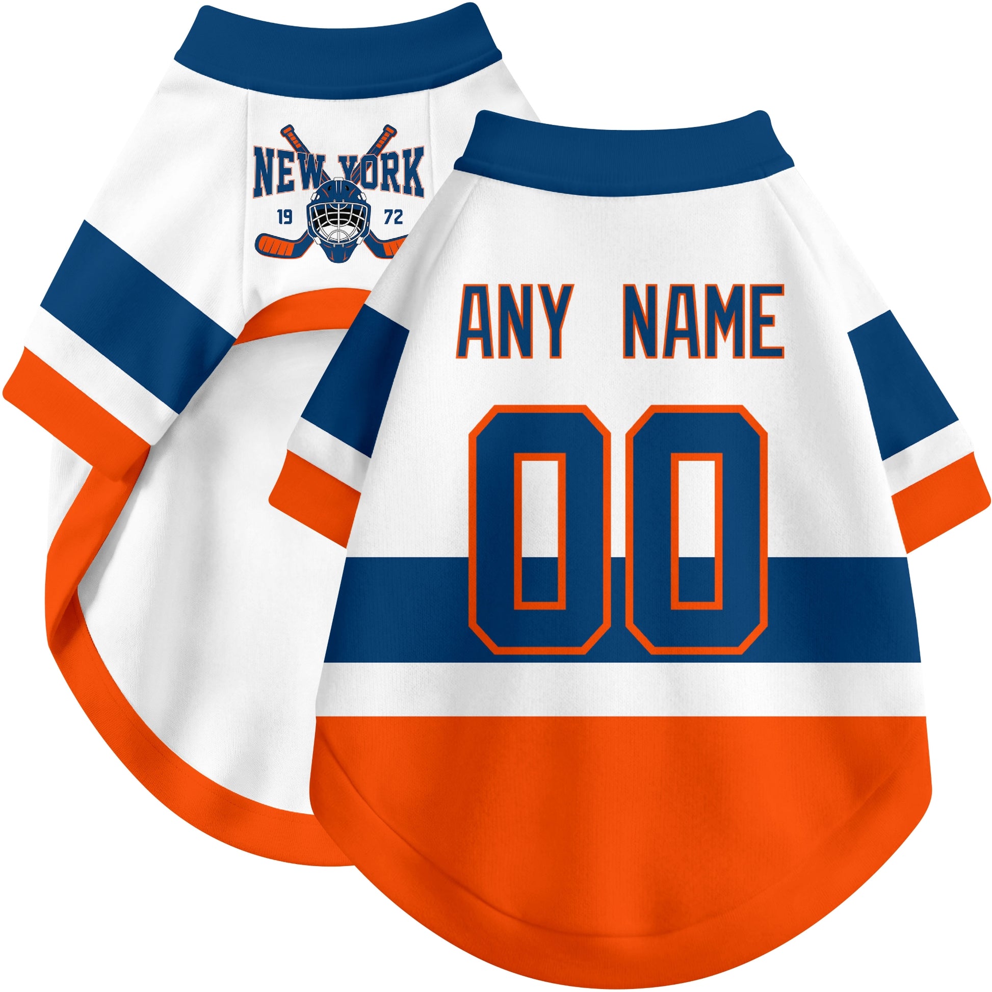 Custom hockey-style dog jersey color option 2 in White and Royal