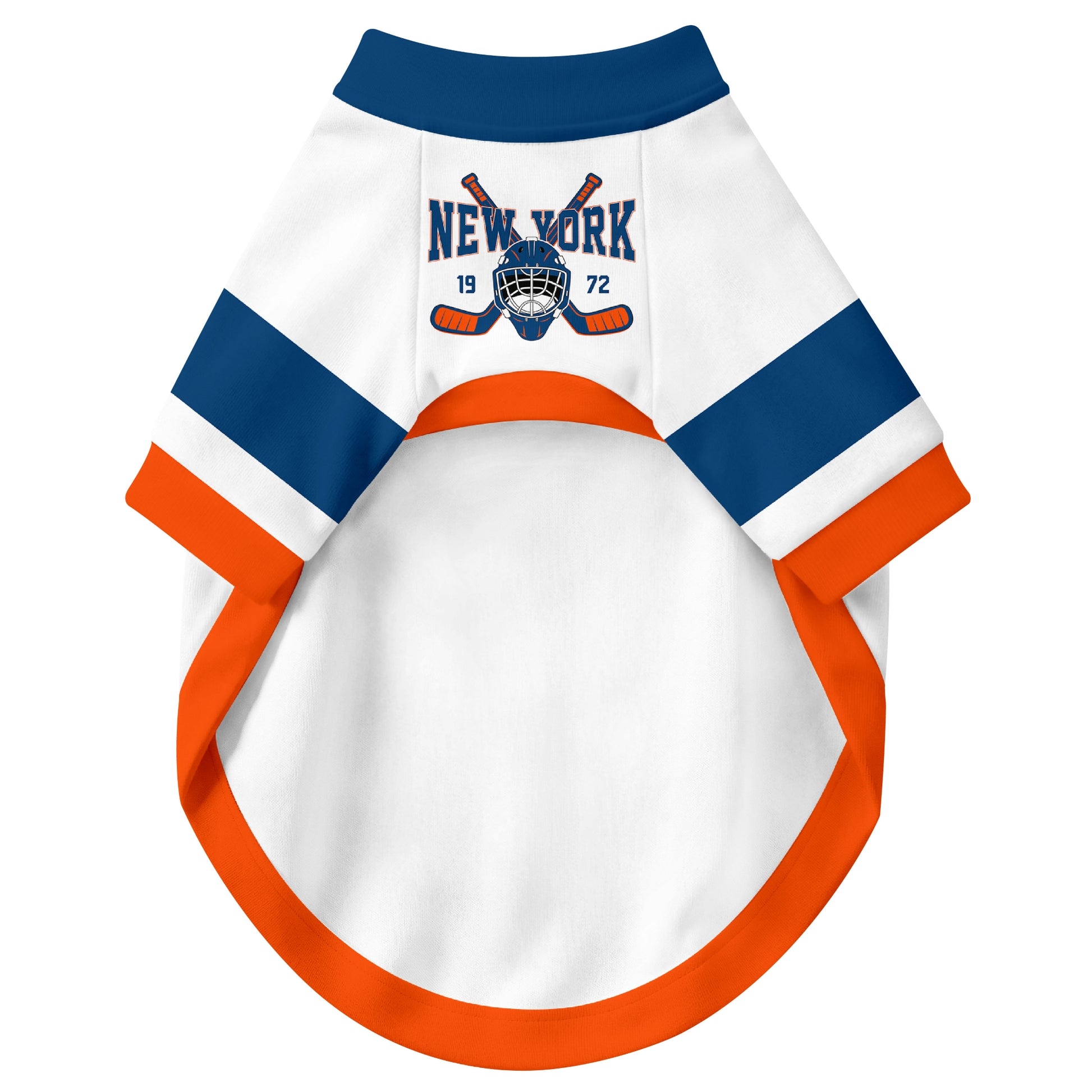 Front view of custom hockey-style dog jersey in White and Royal colors