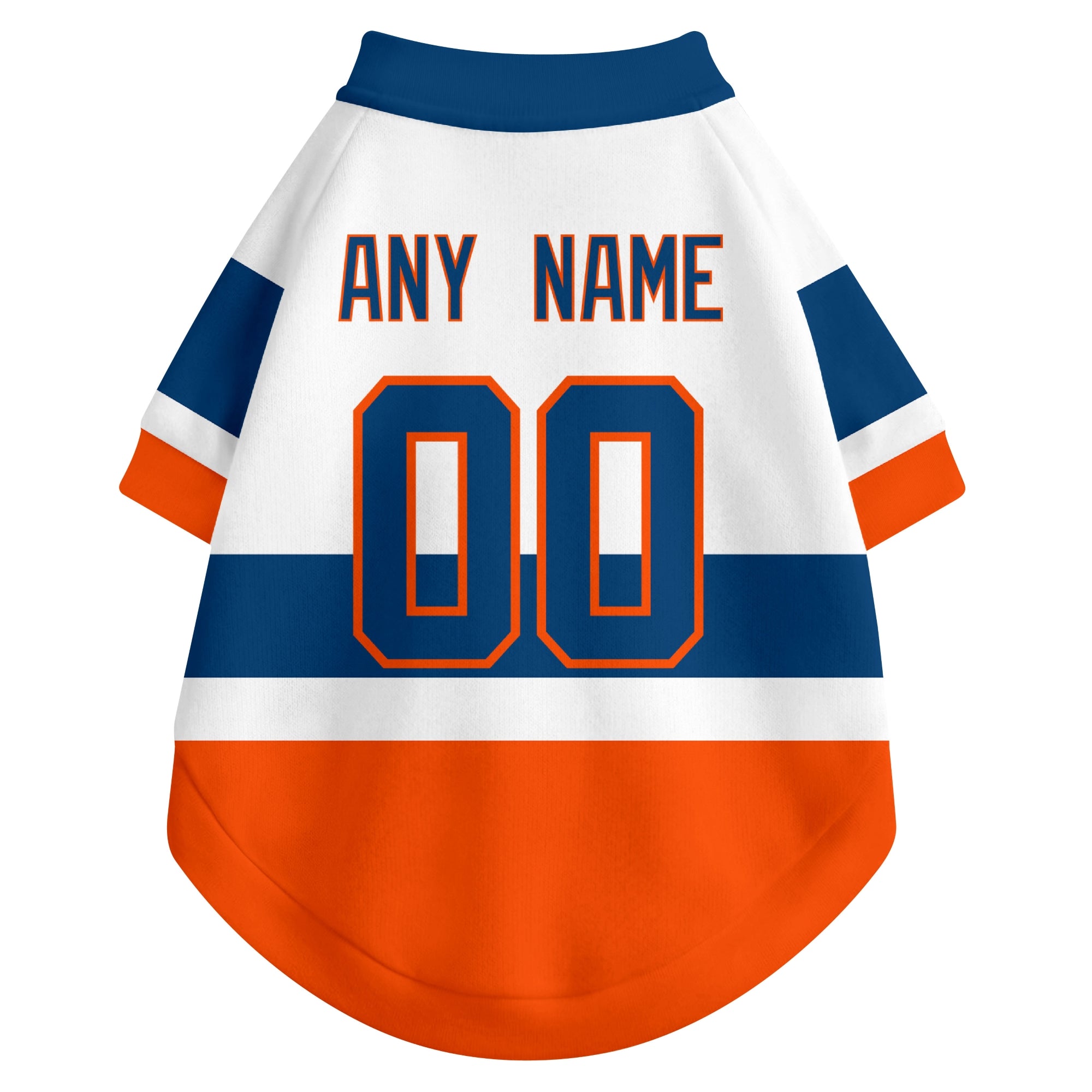 Back view of custom hockey-style dog jersey in White and Royal colors with personalized name and number