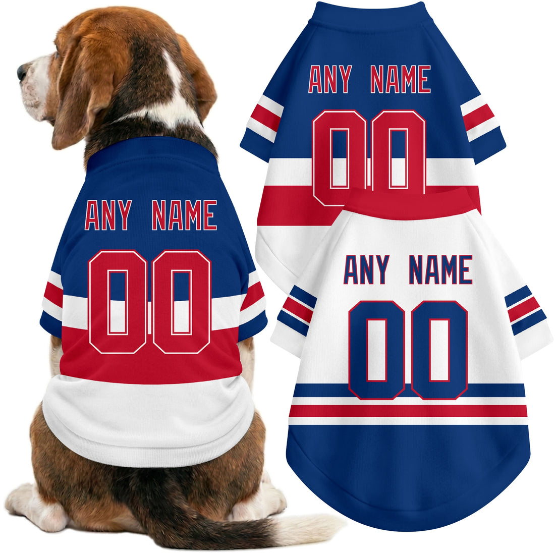 Dog wearing custom hockey-style jersey in Blue and White colors with personalized name and number