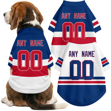 Dog wearing custom hockey-style jersey in Blue and White colors with personalized name and number