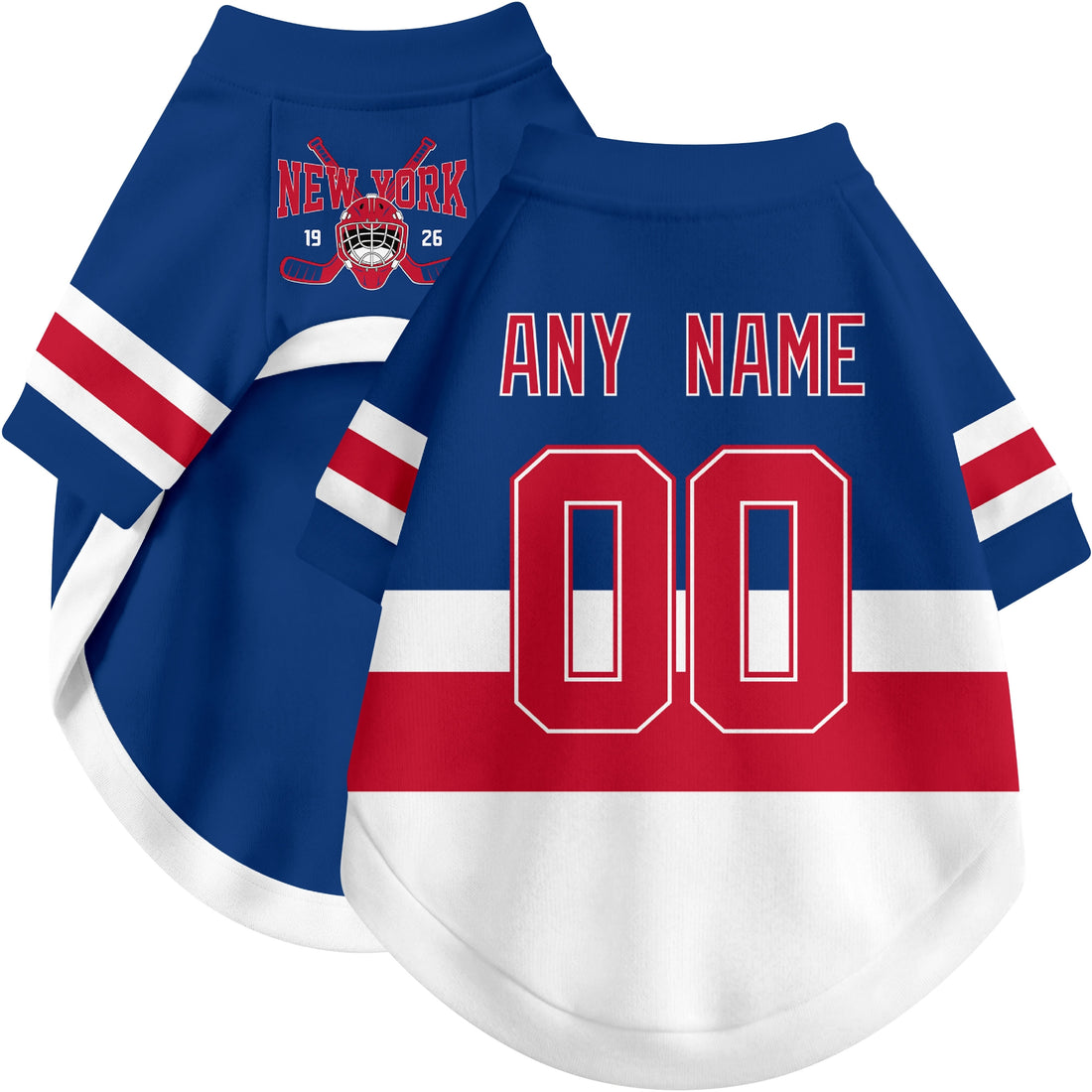 Dog wearing custom hockey-style jersey in Blue and White colors with personalized name and number