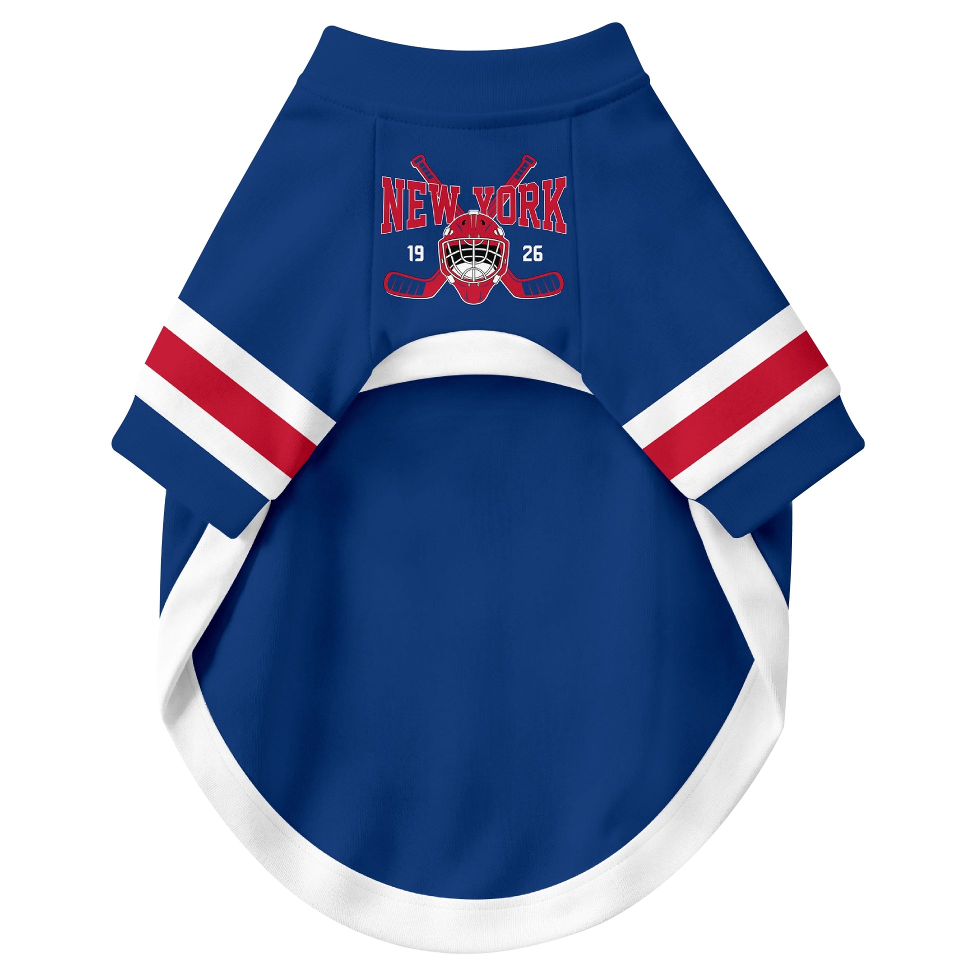 Front view of custom hockey-style dog jersey in Blue and White colors
