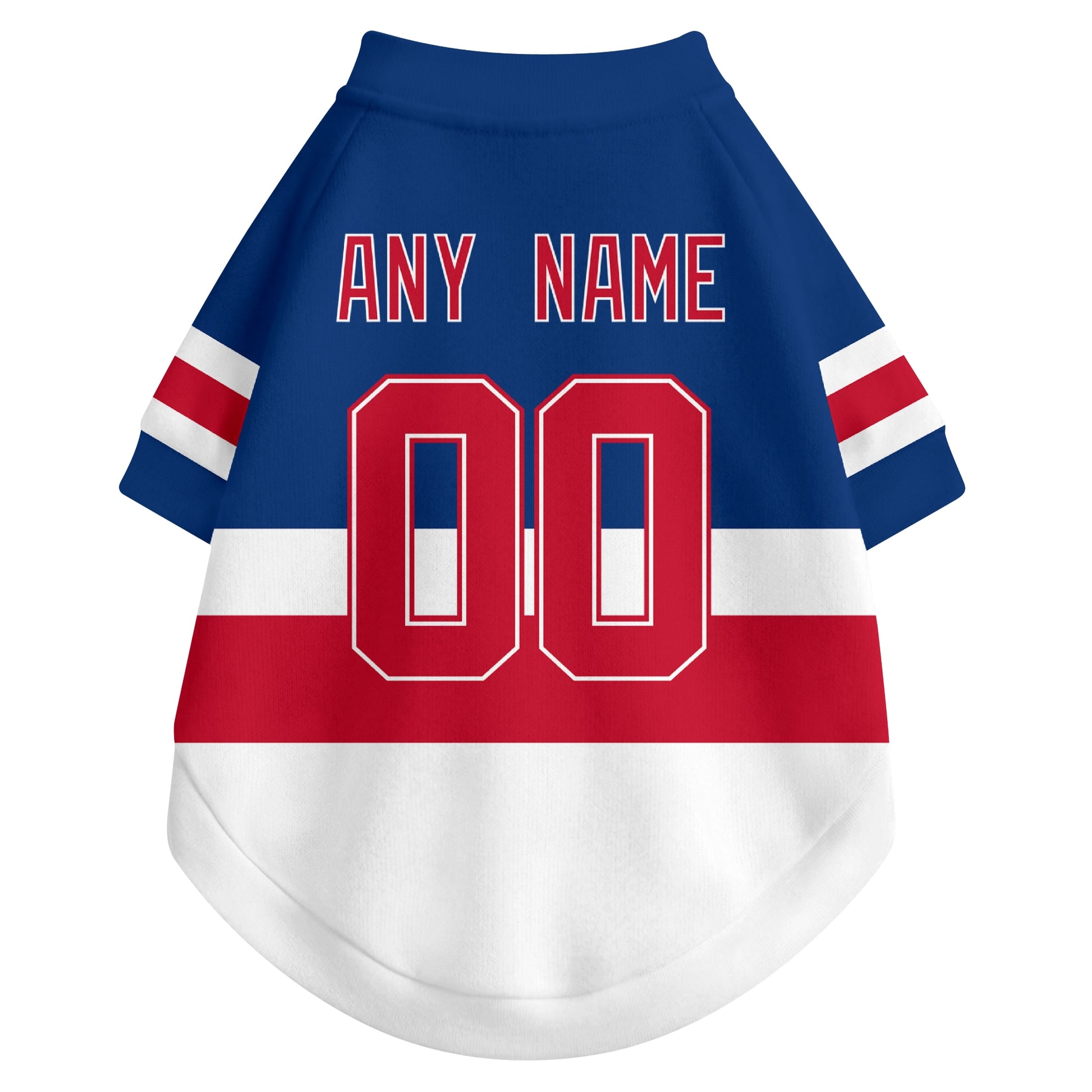 Back view of custom hockey-style dog jersey in Blue and White colors with personalized name and number