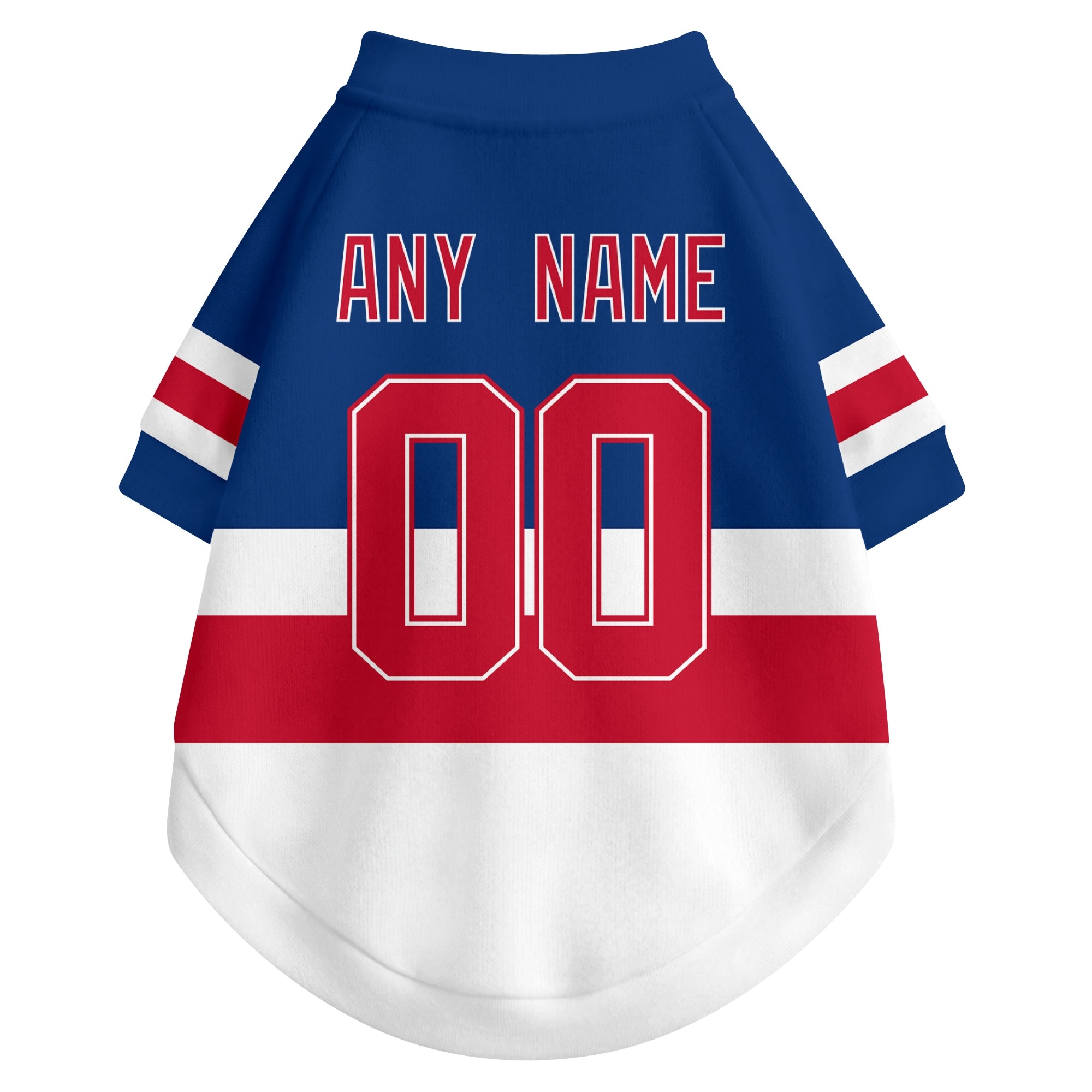 Back view of custom hockey-style dog jersey in Blue and White colors with personalized name and number