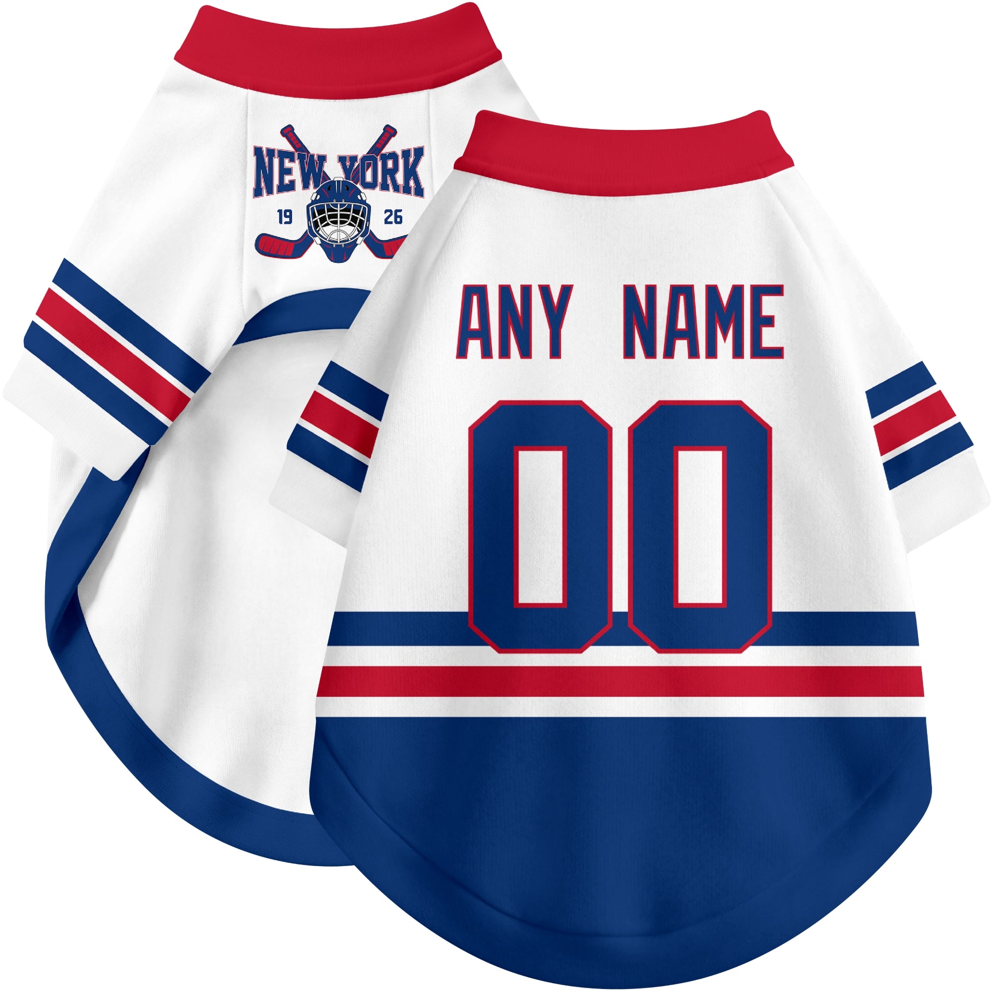Custom hockey-style dog jersey color option 2 in White and Blue