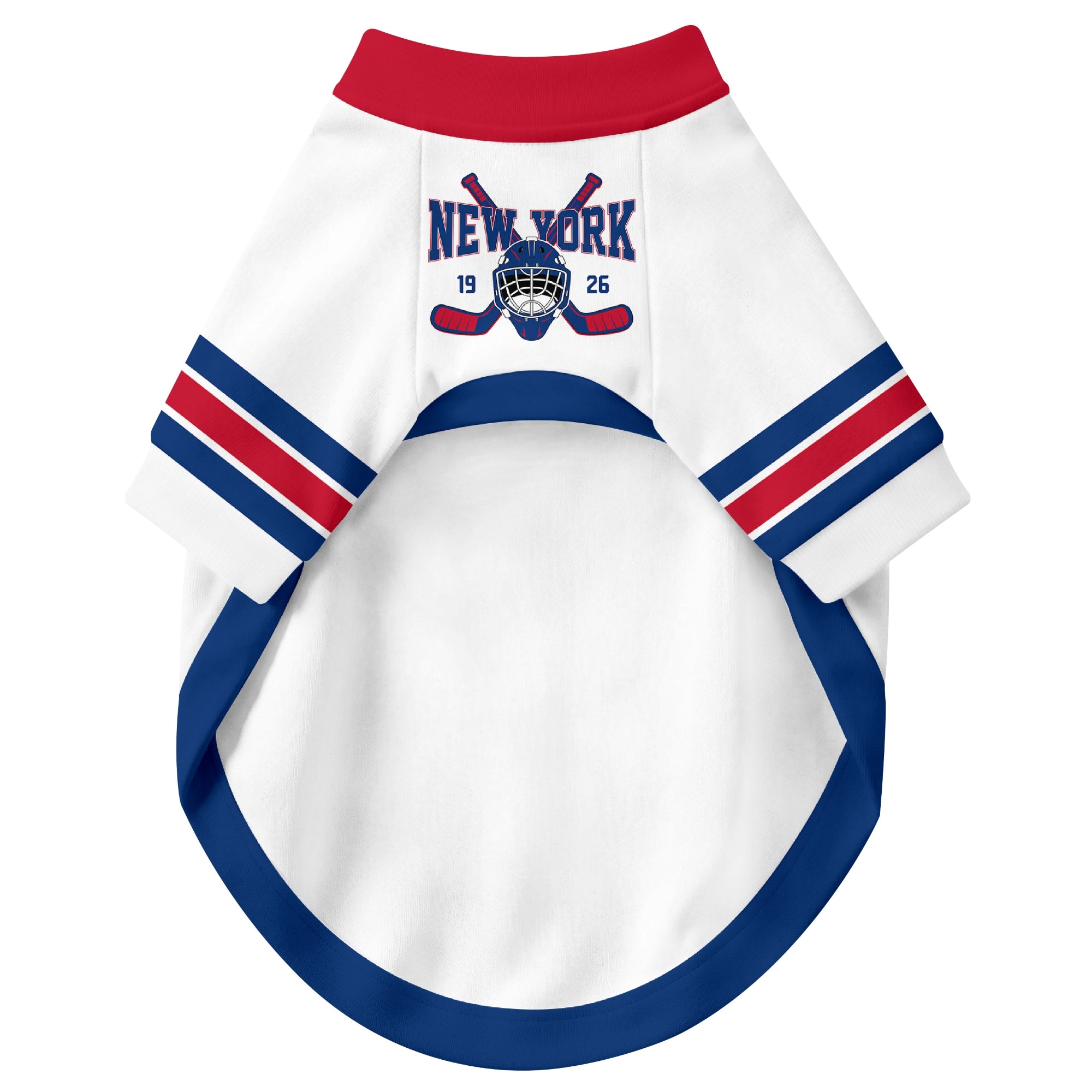 Front view of custom hockey-style dog jersey in White and Blue colors