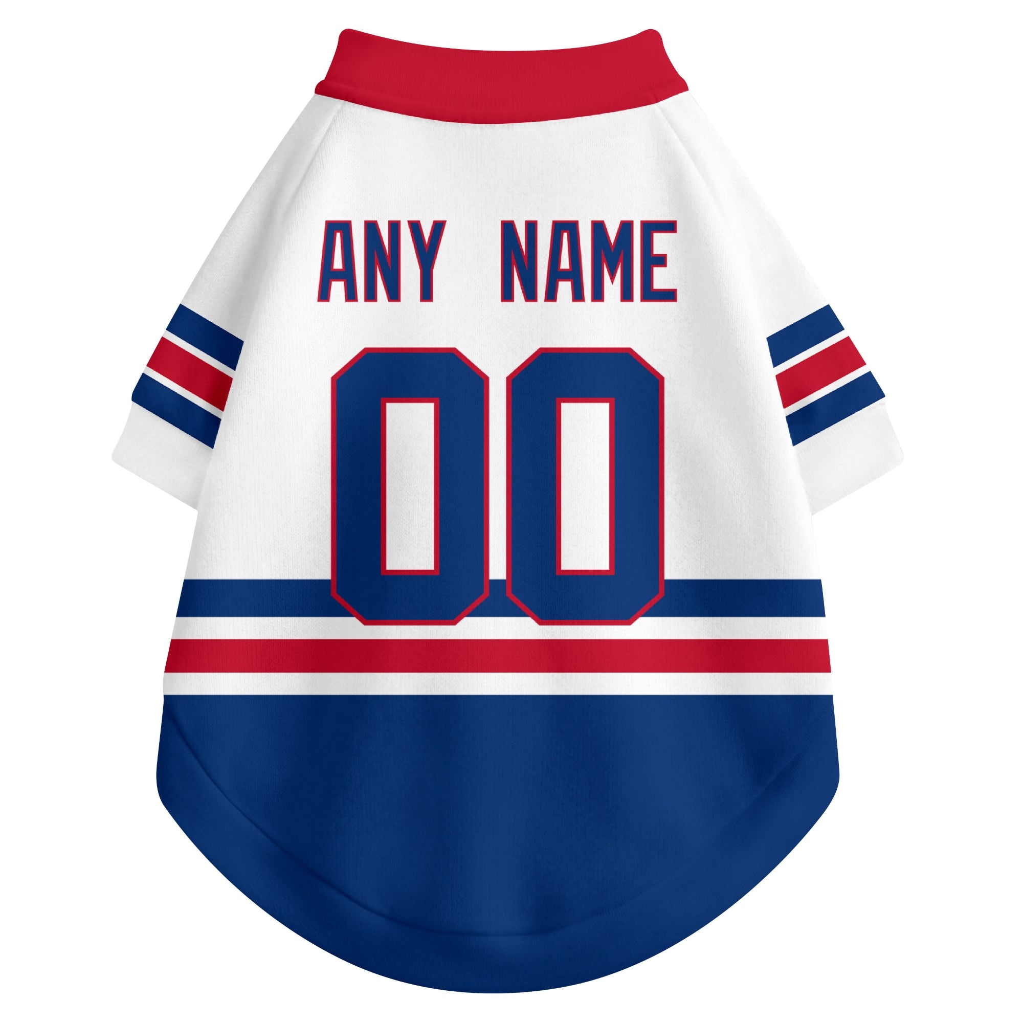 Back view of custom hockey-style dog jersey in White and Blue colors with personalized name and number