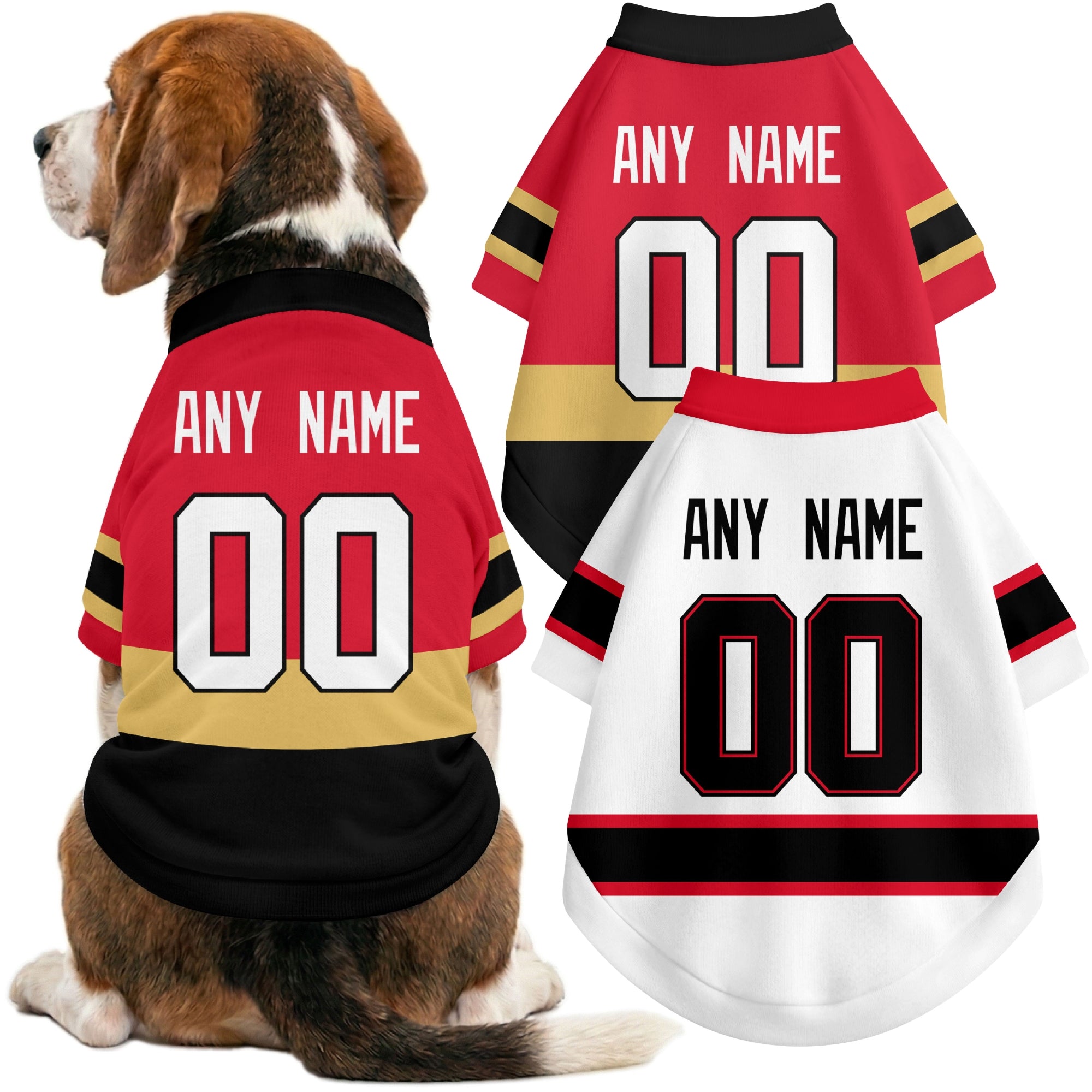 Dog wearing custom hockey-style jersey in Red and White colors with personalized name and number