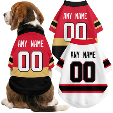 Dog wearing custom hockey-style jersey in Red and White colors with personalized name and number
