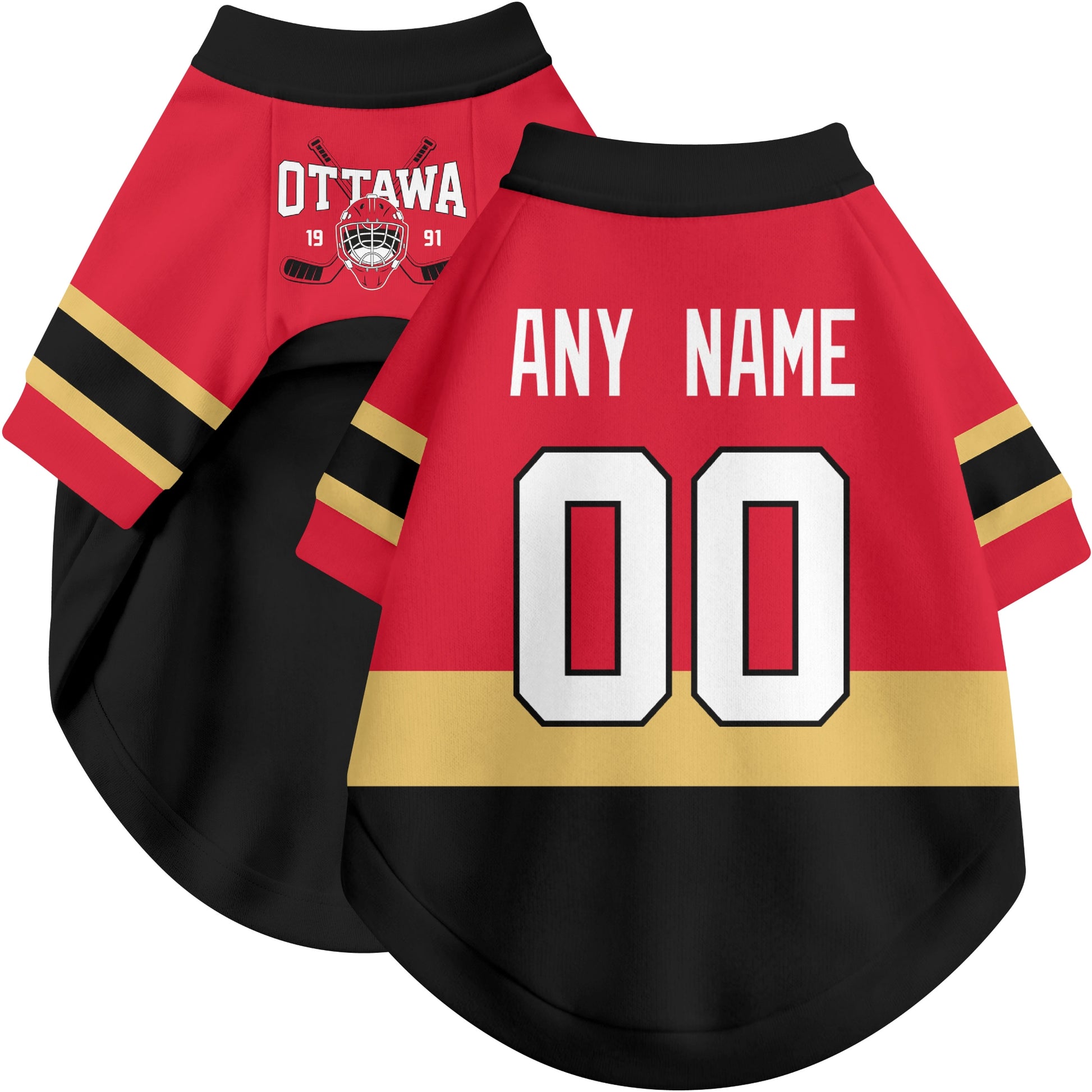 Custom hockey-style dog jersey color option 1 in Red and White