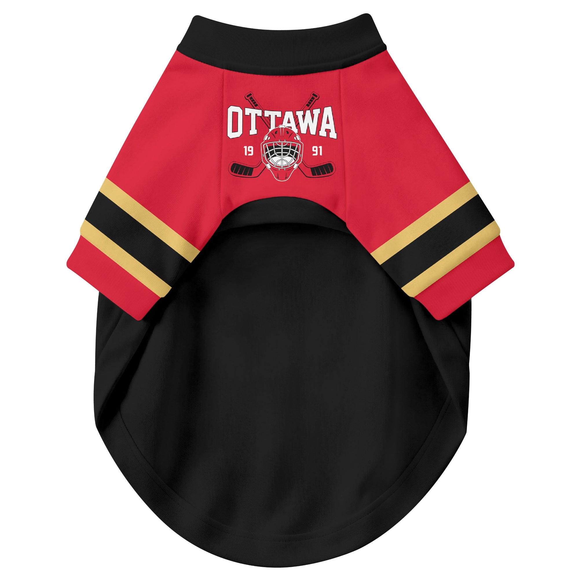 Front view of custom hockey-style dog jersey in Red and White colors