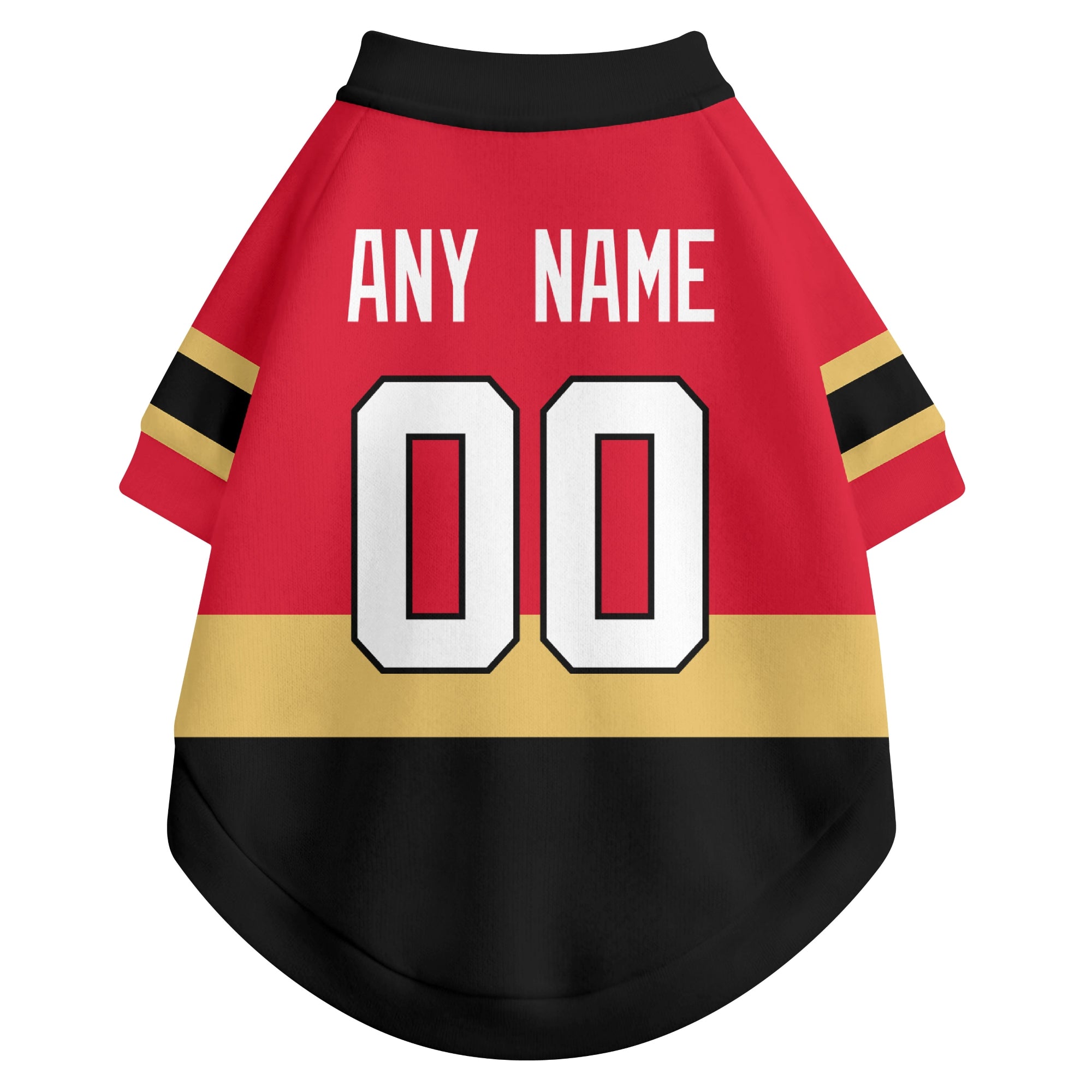 Back view of custom hockey-style dog jersey in Red and White colors with personalized name and number