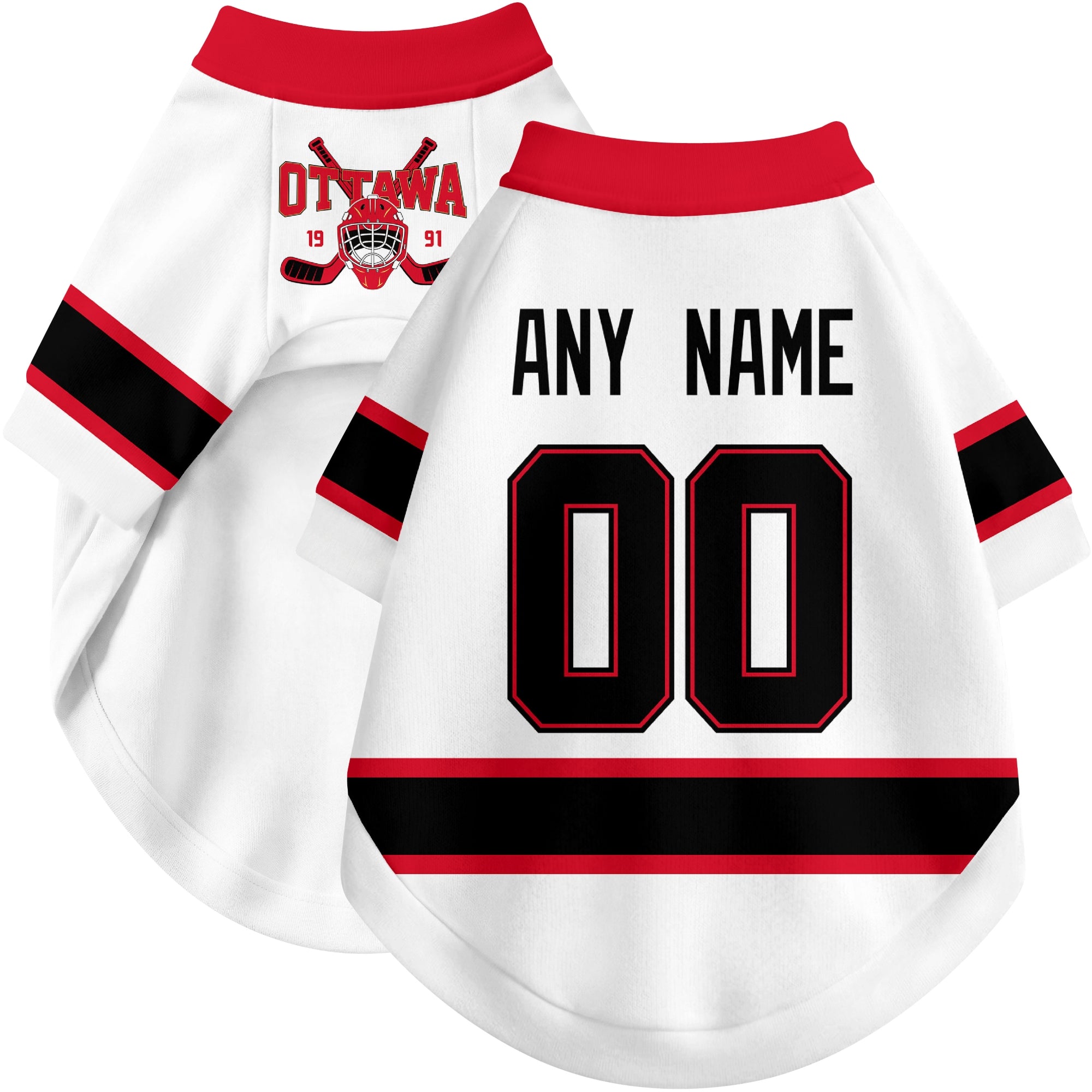 Custom hockey-style dog jersey color option 2 in White and Red