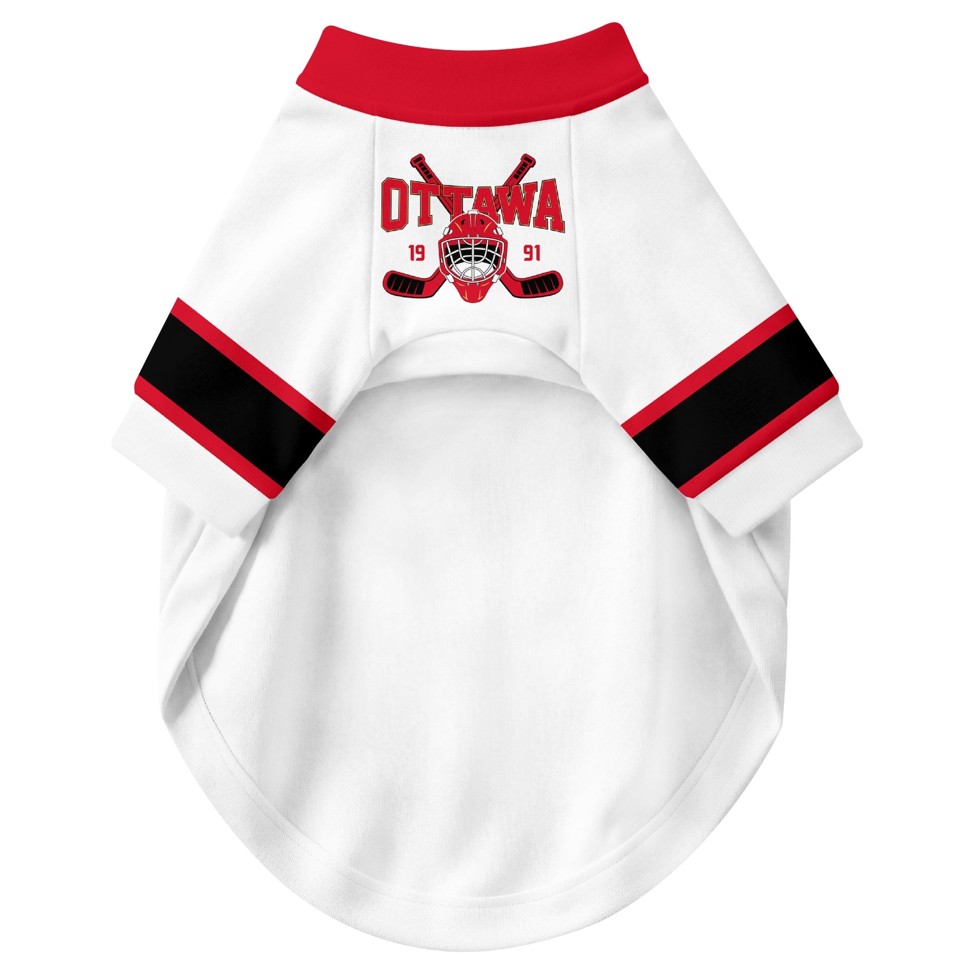 Front view of custom hockey-style dog jersey in White and Red colors