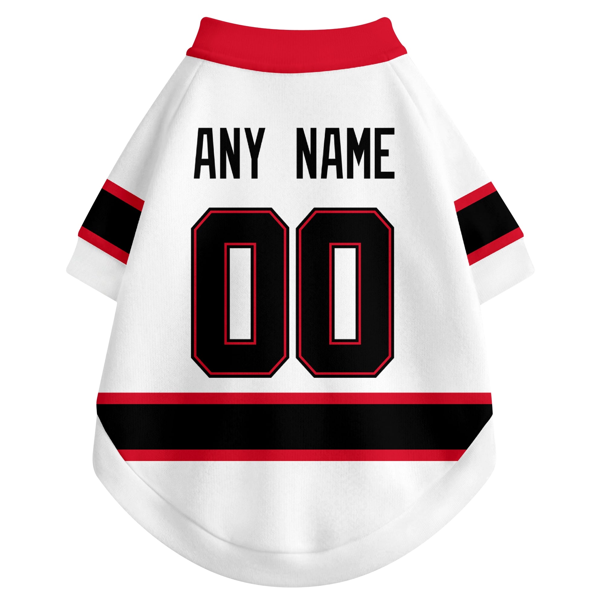 Back view of custom hockey-style dog jersey in White and Red colors with personalized name and number
