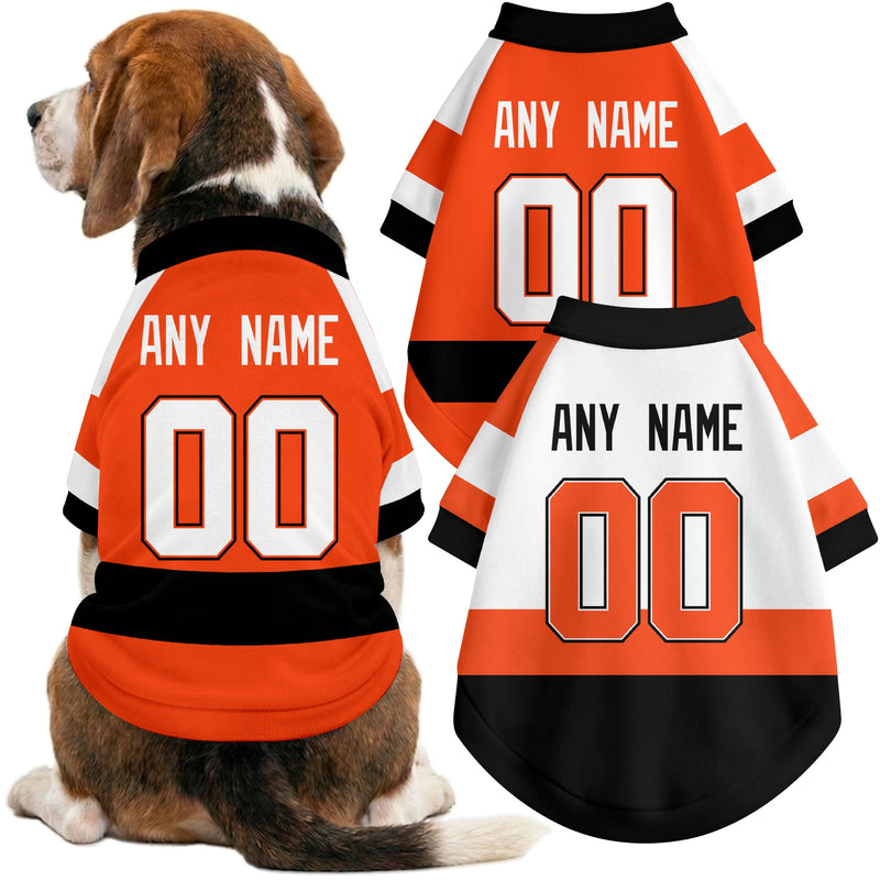 Dog wearing custom hockey-style jersey in Orange and White colors with personalized name and number
