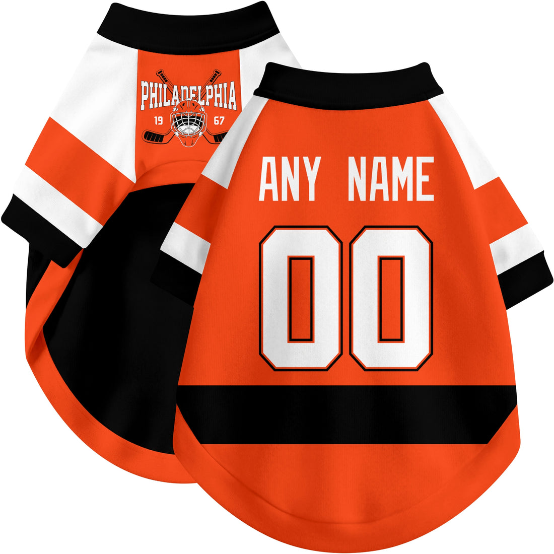 Dog wearing custom hockey-style jersey in Orange and White colors with personalized name and number