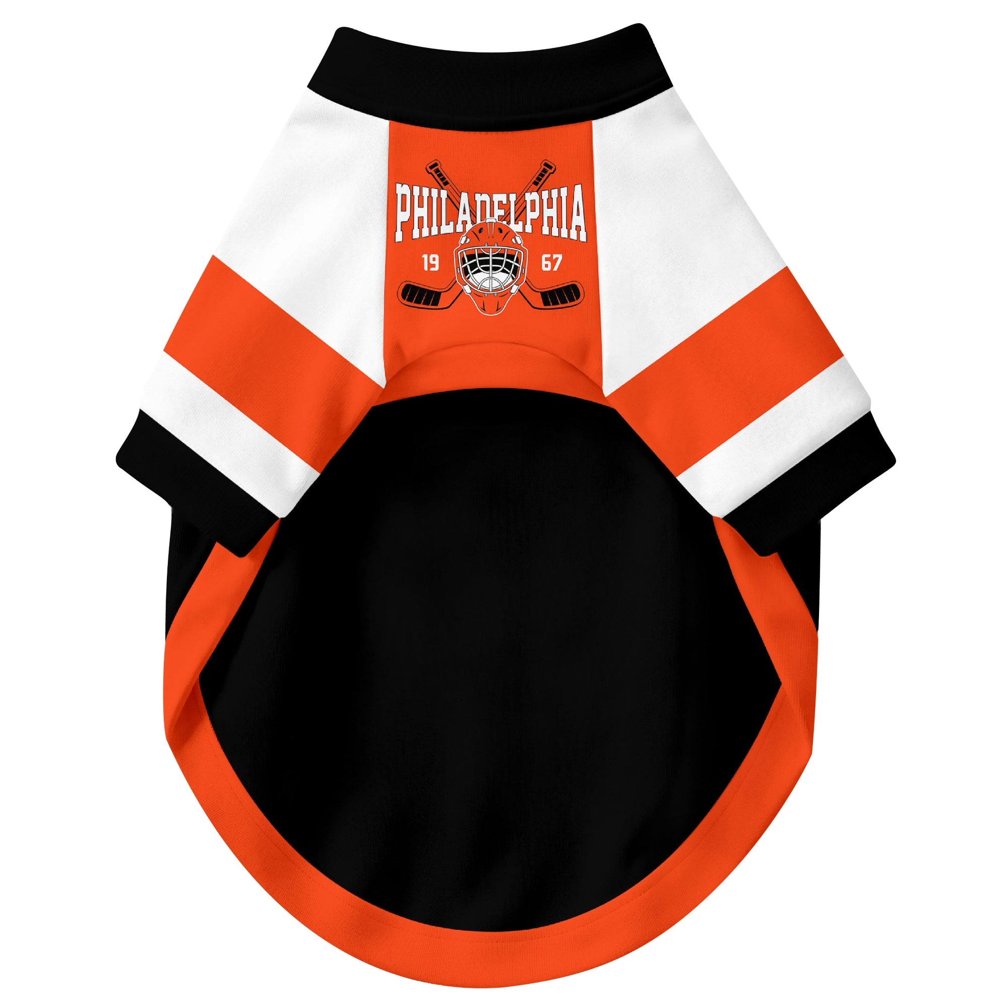 Front view of custom hockey-style dog jersey in Orange and White colors