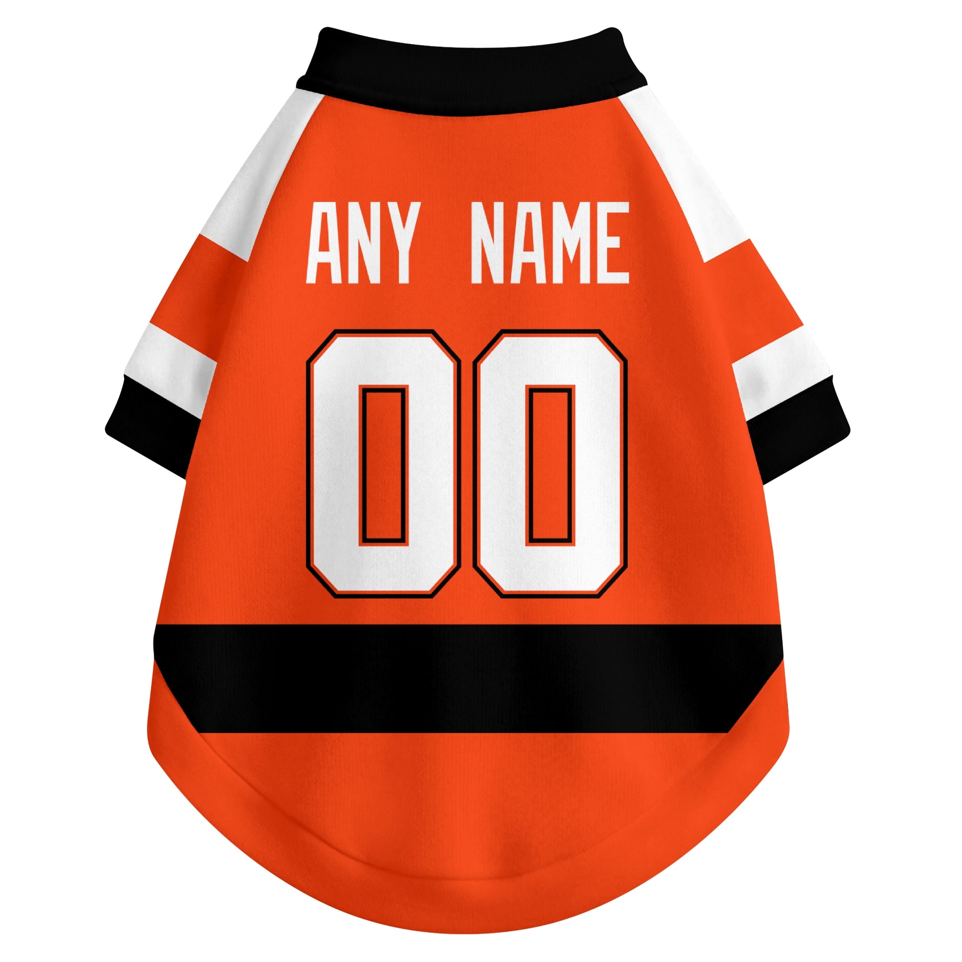 Back view of custom hockey-style dog jersey in Orange and White colors with personalized name and number