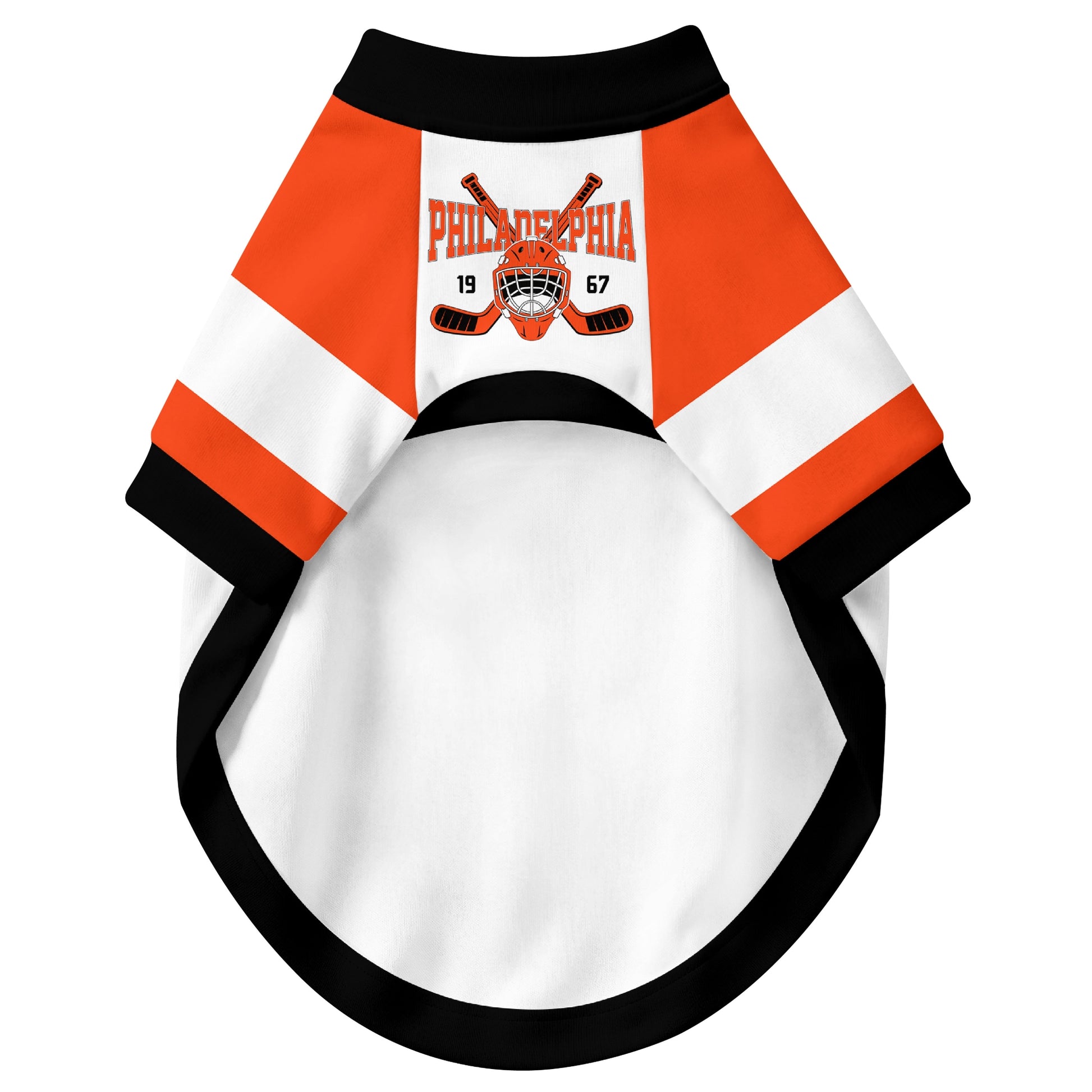 Front view of custom hockey-style dog jersey in White and Orange colors