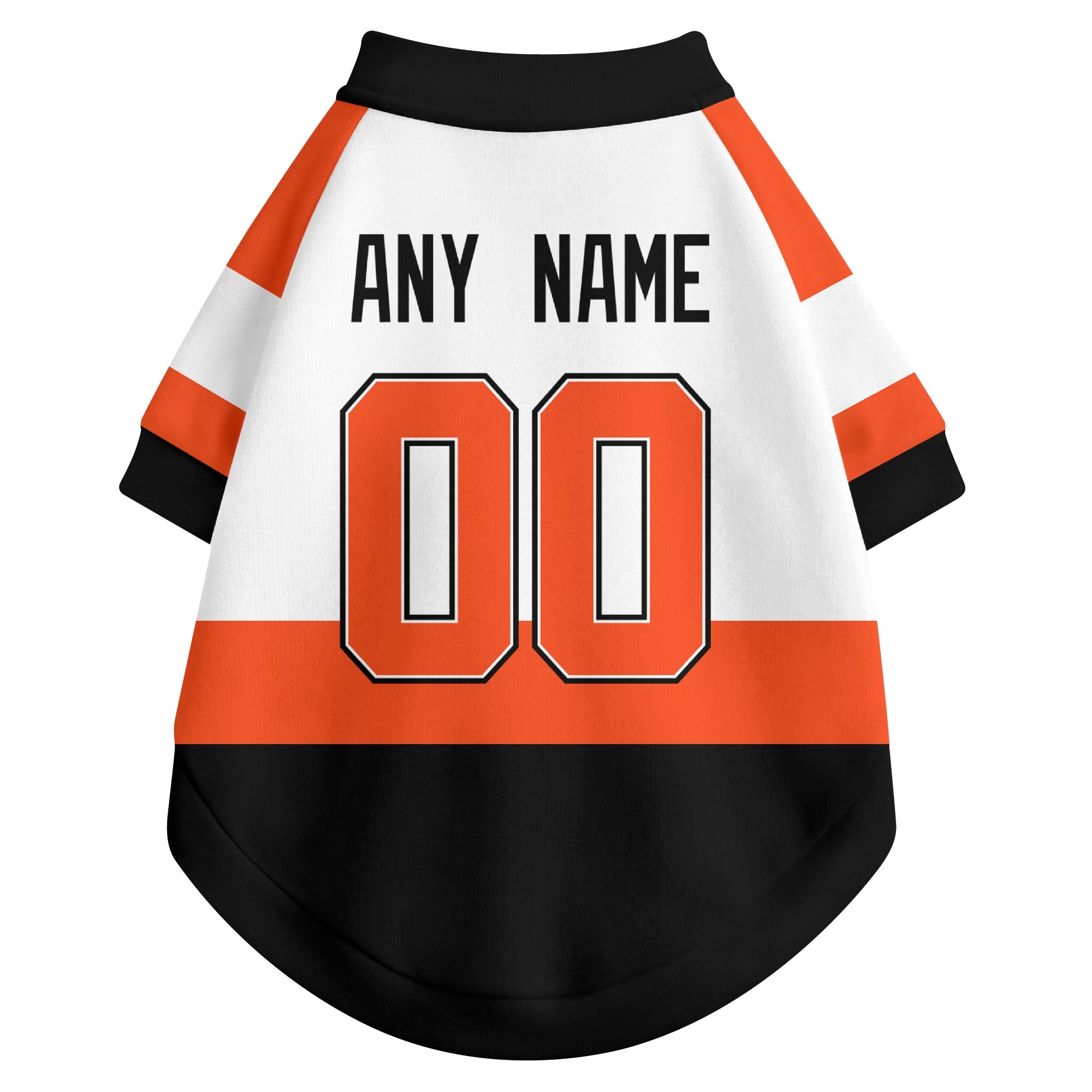 Back view of custom hockey-style dog jersey in White and Orange colors with personalized name and number