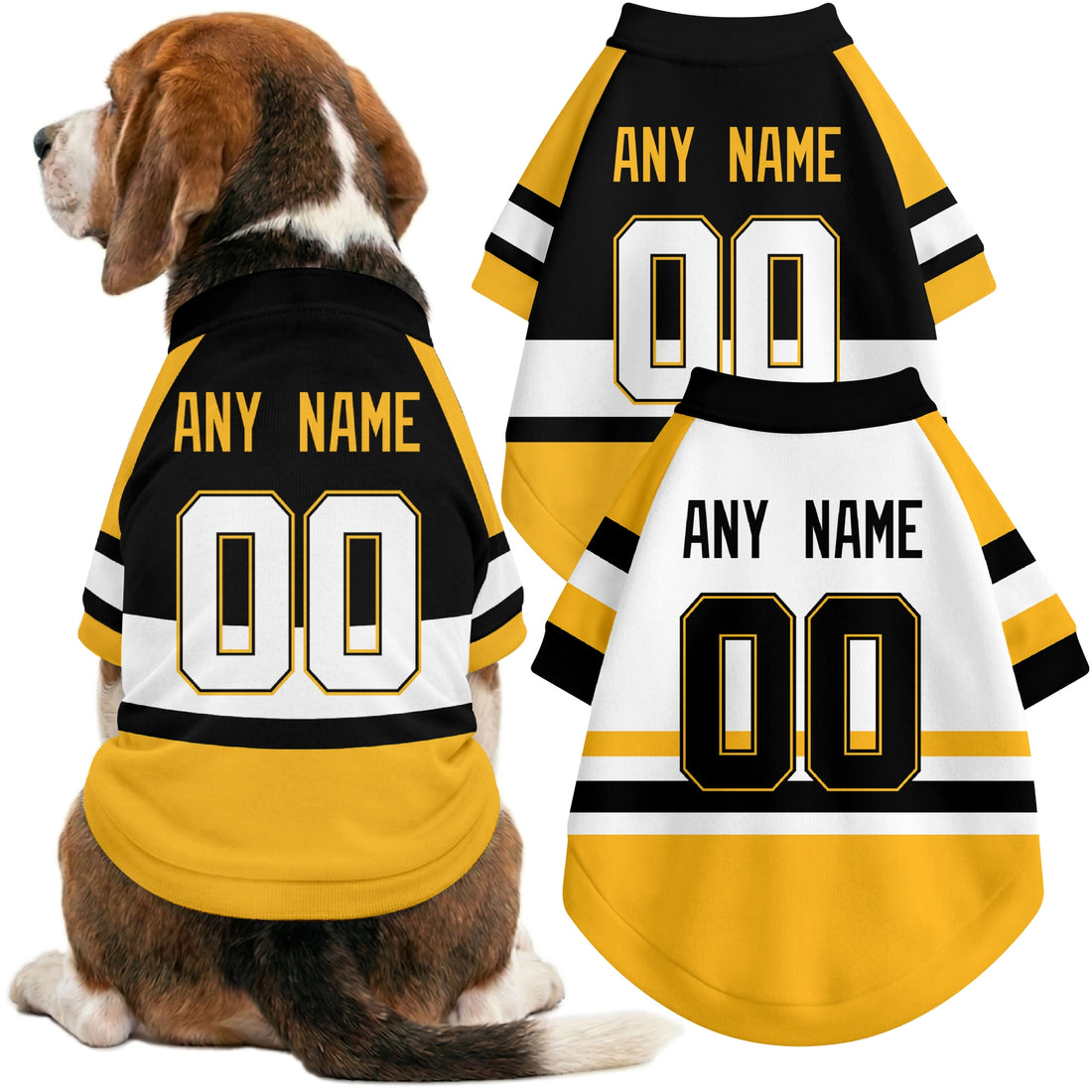 Dog wearing custom hockey-style jersey in Black and White colors with personalized name and number